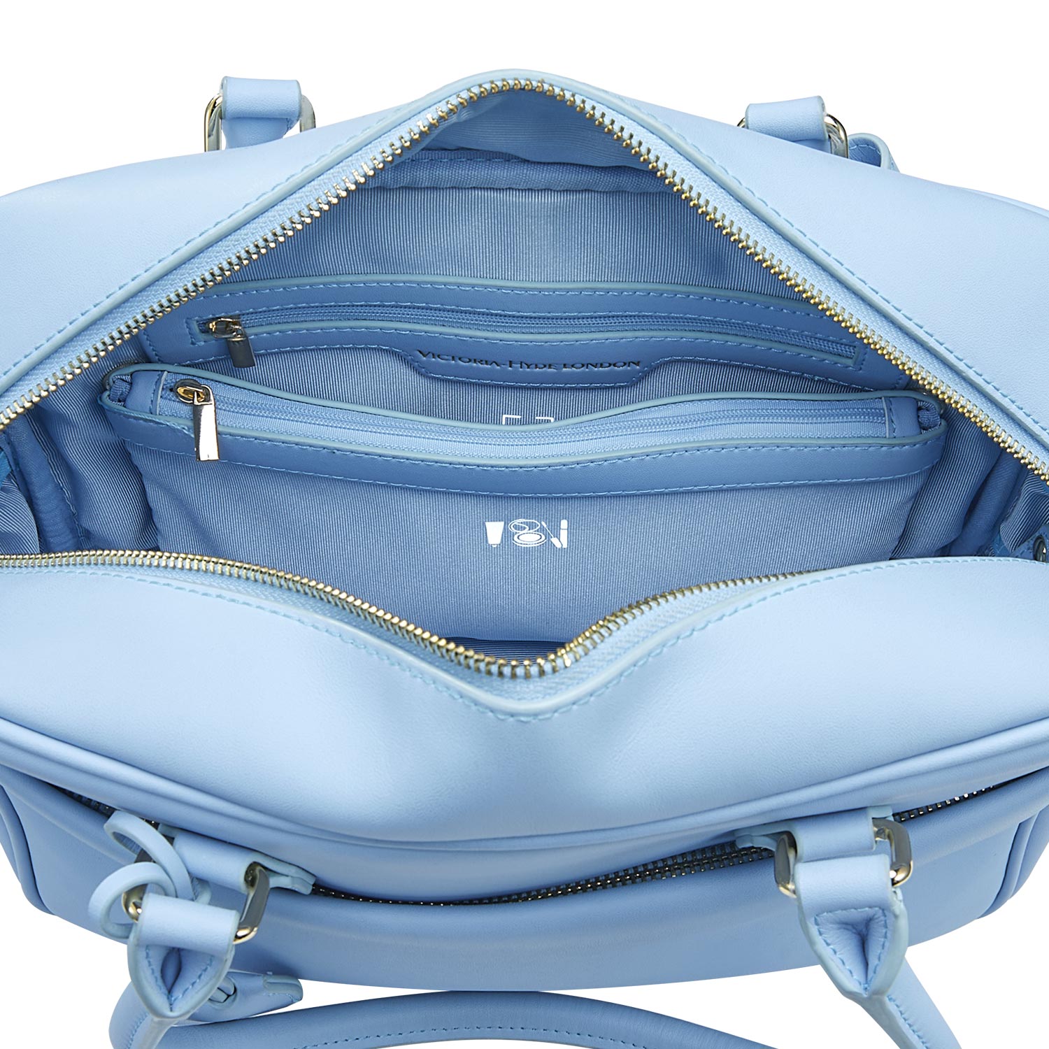 Light blue Victoria Hyde work bag: vegan, water-resistant, scratchproof microfiber leather. Fits 12.9" tablet/laptop. Smart interior + removable cosmetic bag. Perfect for commuting &amp; professional women.