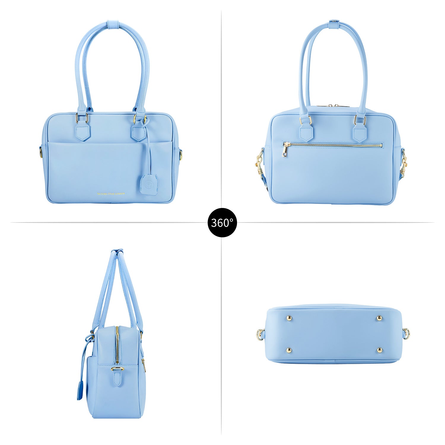 Light blue Victoria Hyde work bag: vegan, water-resistant, scratchproof microfiber leather. Fits 12.9" tablet/laptop. Smart interior + removable cosmetic bag. Perfect for commuting & professional women.