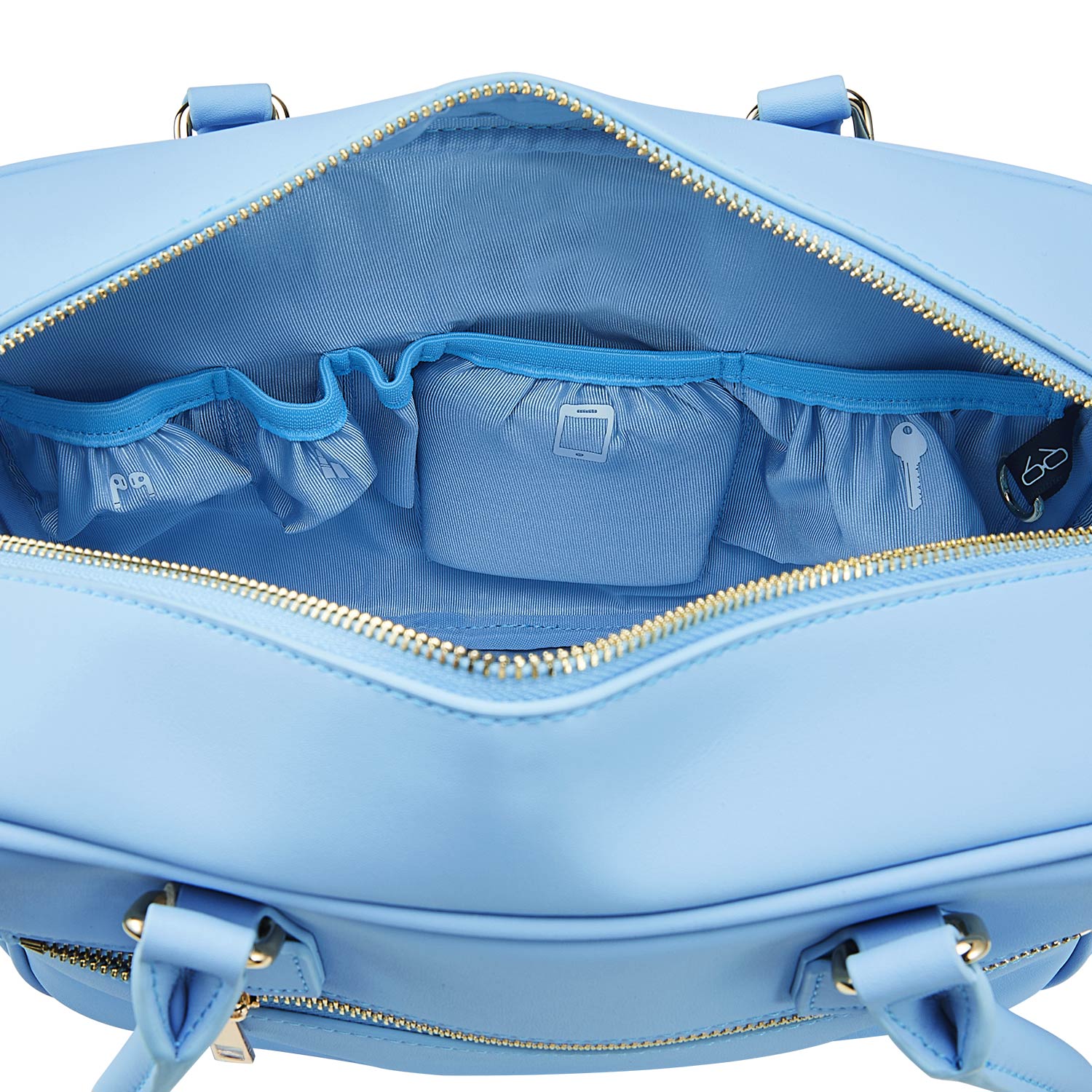 Light blue Victoria Hyde work bag: vegan, water-resistant, scratchproof microfiber leather. Fits 12.9" tablet/laptop. Smart interior + removable cosmetic bag. Perfect for commuting &amp; professional women.