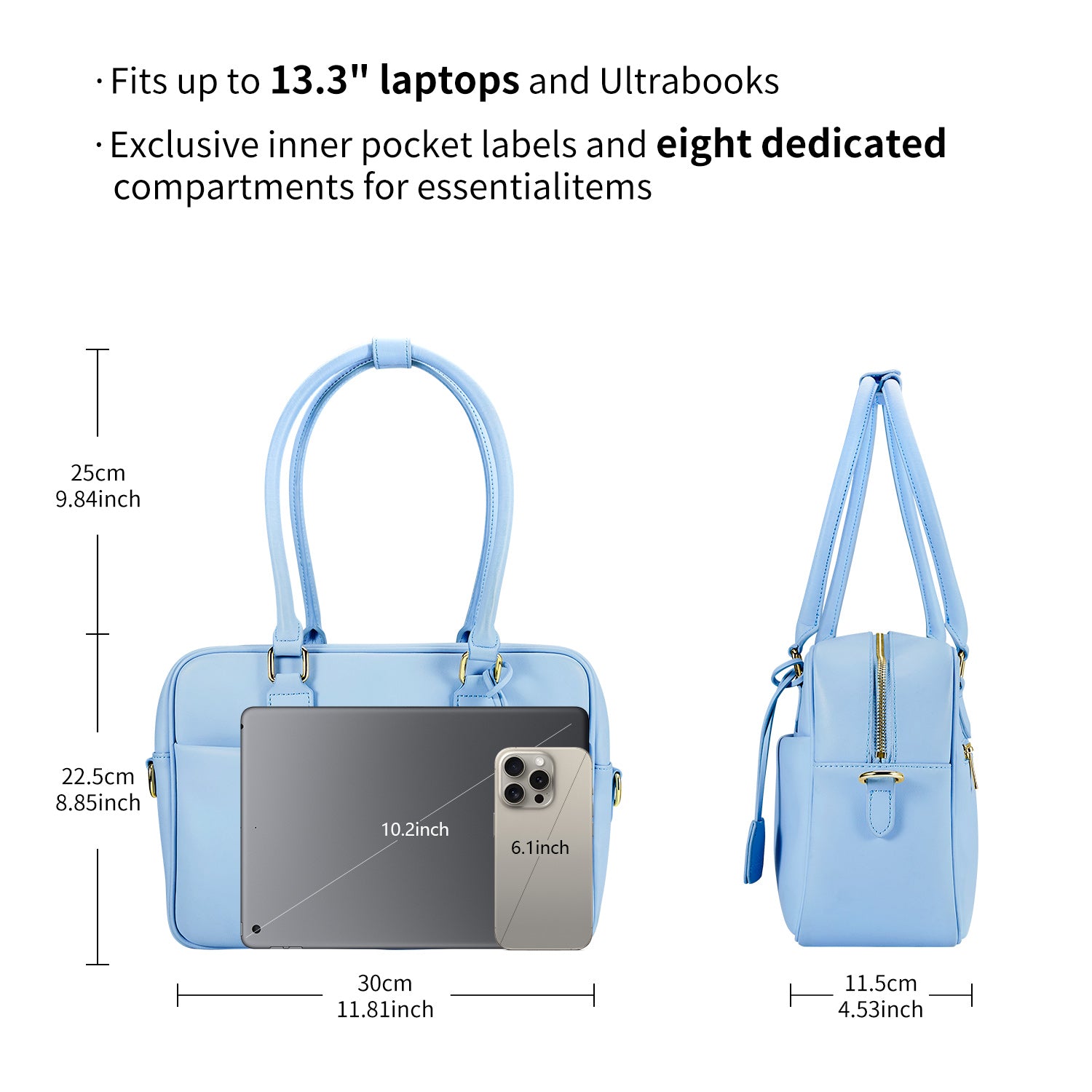 Light blue Victoria Hyde work bag: vegan, water-resistant, scratchproof microfiber leather. Fits 12.9" tablet/laptop. Smart interior + removable cosmetic bag. Perfect for commuting &amp; professional women.