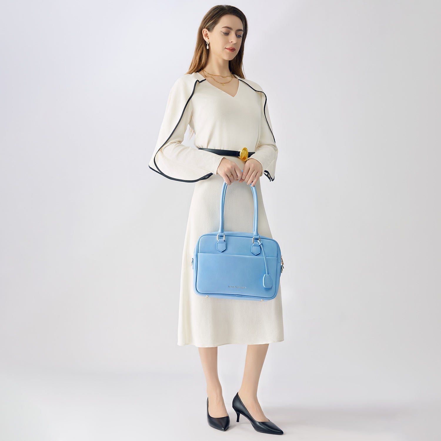 Light blue Victoria Hyde work bag: vegan, water-resistant, scratchproof microfiber leather. Fits 12.9" tablet/laptop. Smart interior + removable cosmetic bag. Perfect for commuting &amp; professional women.