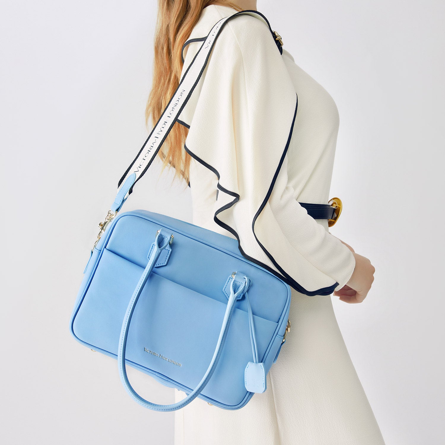 Light blue Victoria Hyde work bag: vegan, water-resistant, scratchproof microfiber leather. Fits 12.9" tablet/laptop. Smart interior + removable cosmetic bag. Perfect for commuting &amp; professional women.