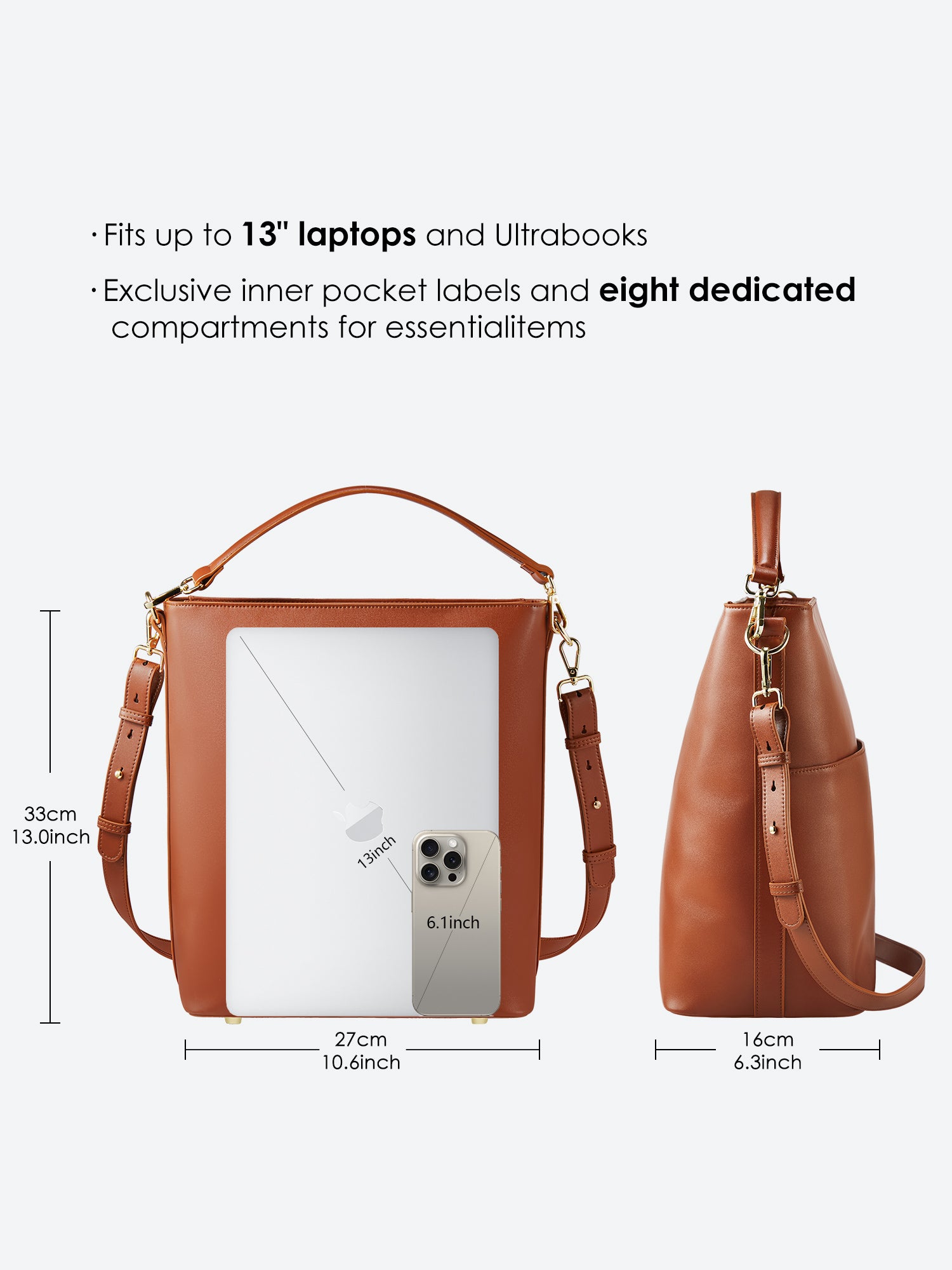 Victoria Hyde Kloey large work bag in reddish-brown, vegan microfiber leather, padded 13″ laptop sleeve, smart interior pockets, water-resistant, 27x33x16 cm.