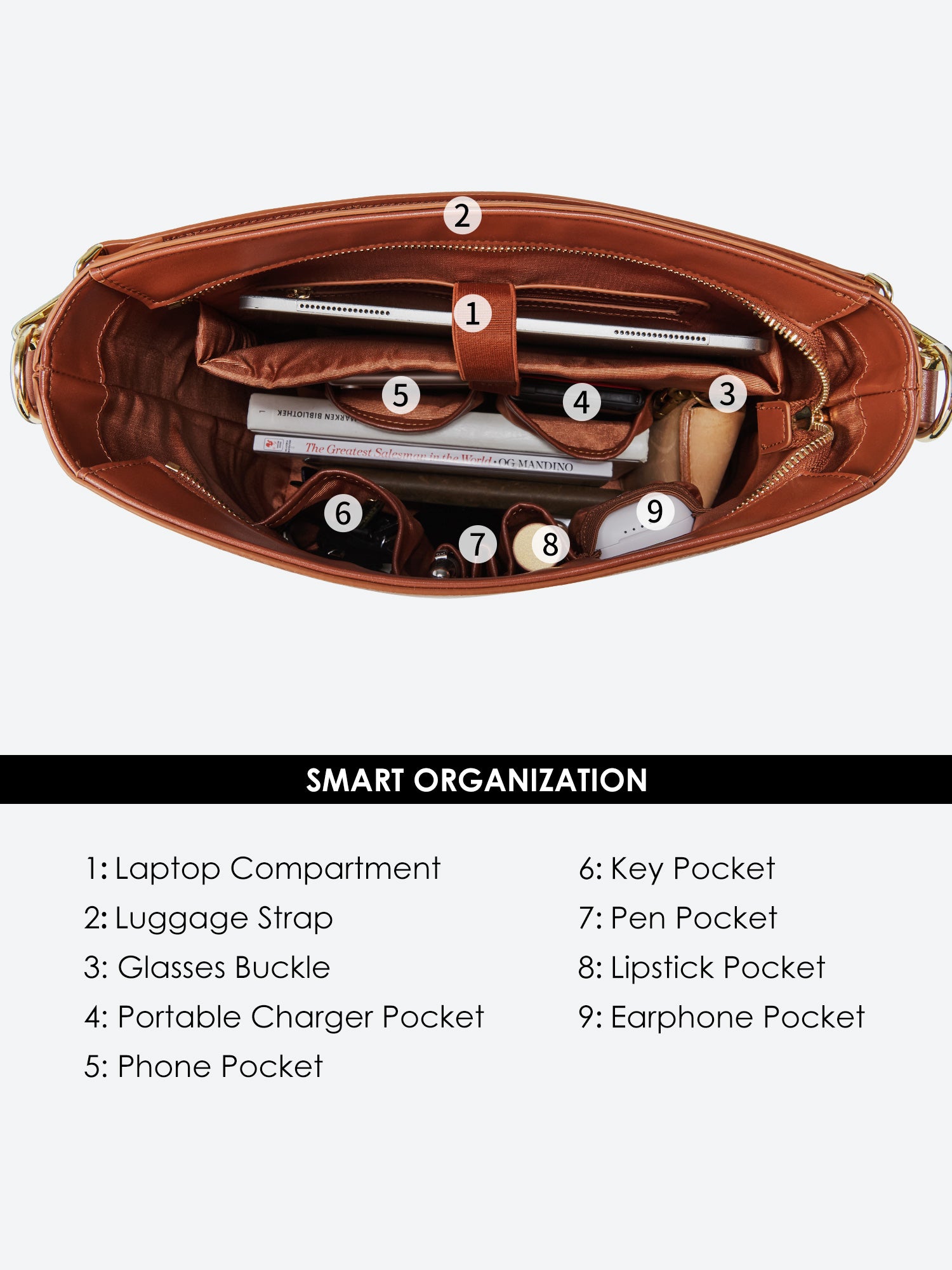 Victoria Hyde Kloey large work bag in reddish-brown, vegan microfiber leather, padded 13″ laptop sleeve, smart interior pockets, water-resistant, 27x33x16 cm.