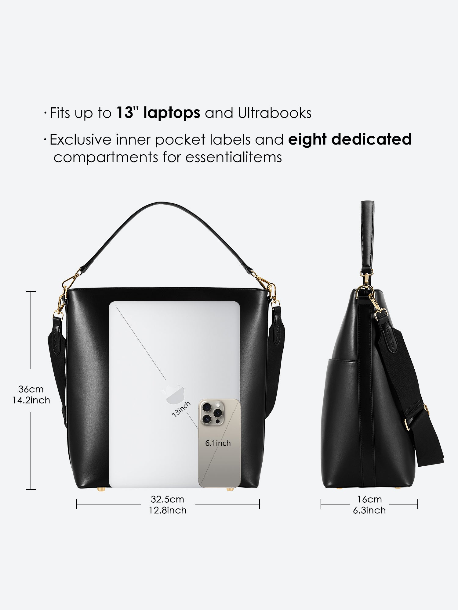 Victoria Hyde Kloey large black work bag – minimalist vegan microfiber leather tote, 13" laptop compartment, water-resistant, silk lining, 27x33x16 cm.