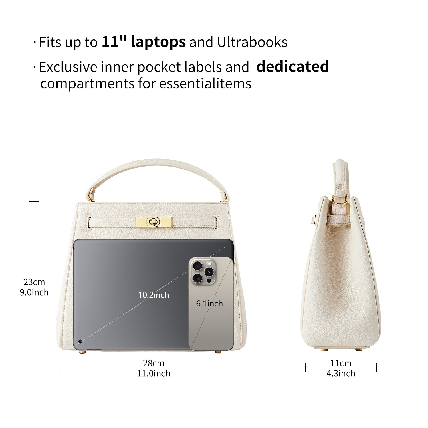 new work bag Victoria III white business bag for women in business-Victoria Hyde Victoria III work bag: lightweight PU leather shoulder bag with gold-tone clasp, fits 12.9" tablet, perfect for commuting moms &amp; business women.