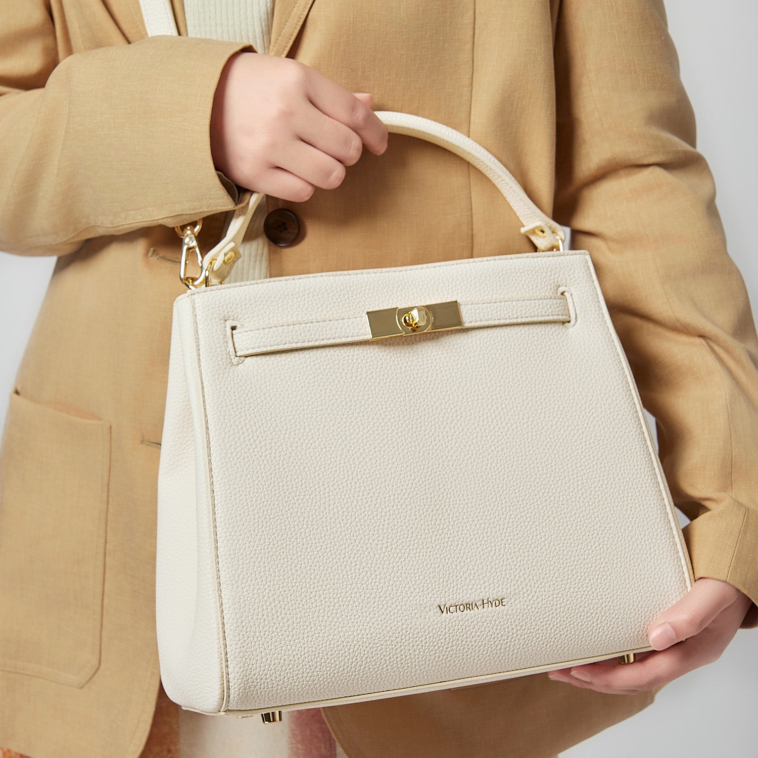 new work bag Victoria III white business bag for women in business-Victoria Hyde Victoria III work bag: lightweight PU leather shoulder bag with gold-tone clasp, fits 12.9" tablet, perfect for commuting moms &amp; business women.