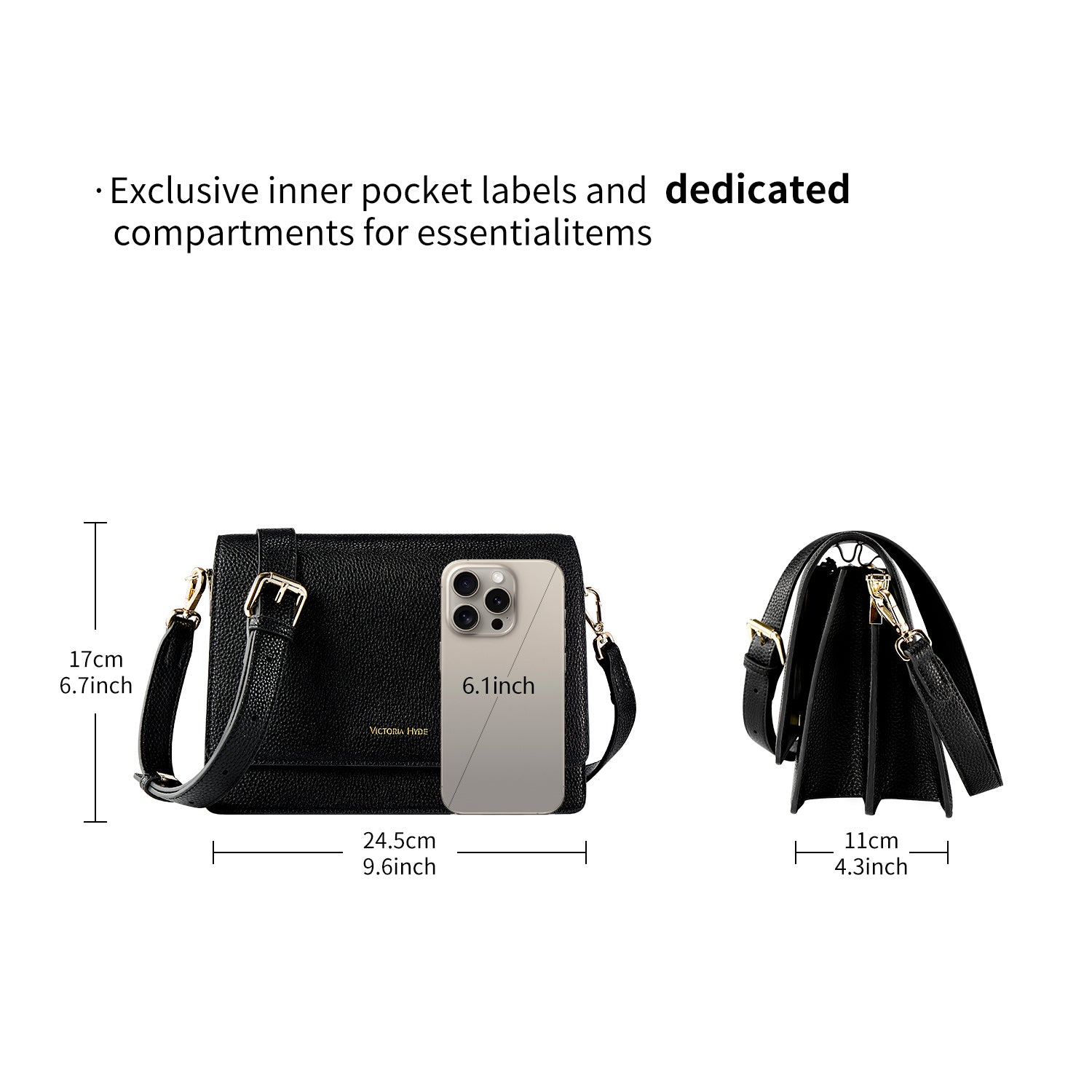 new work bag luna black business bag-Victoria Hyde Luna women's shoulder bag – lightweight work bag (0.7kg), compact 24.5x17x11 cm, PU leather, card slots, pen and phone holders, ideal for commuting.