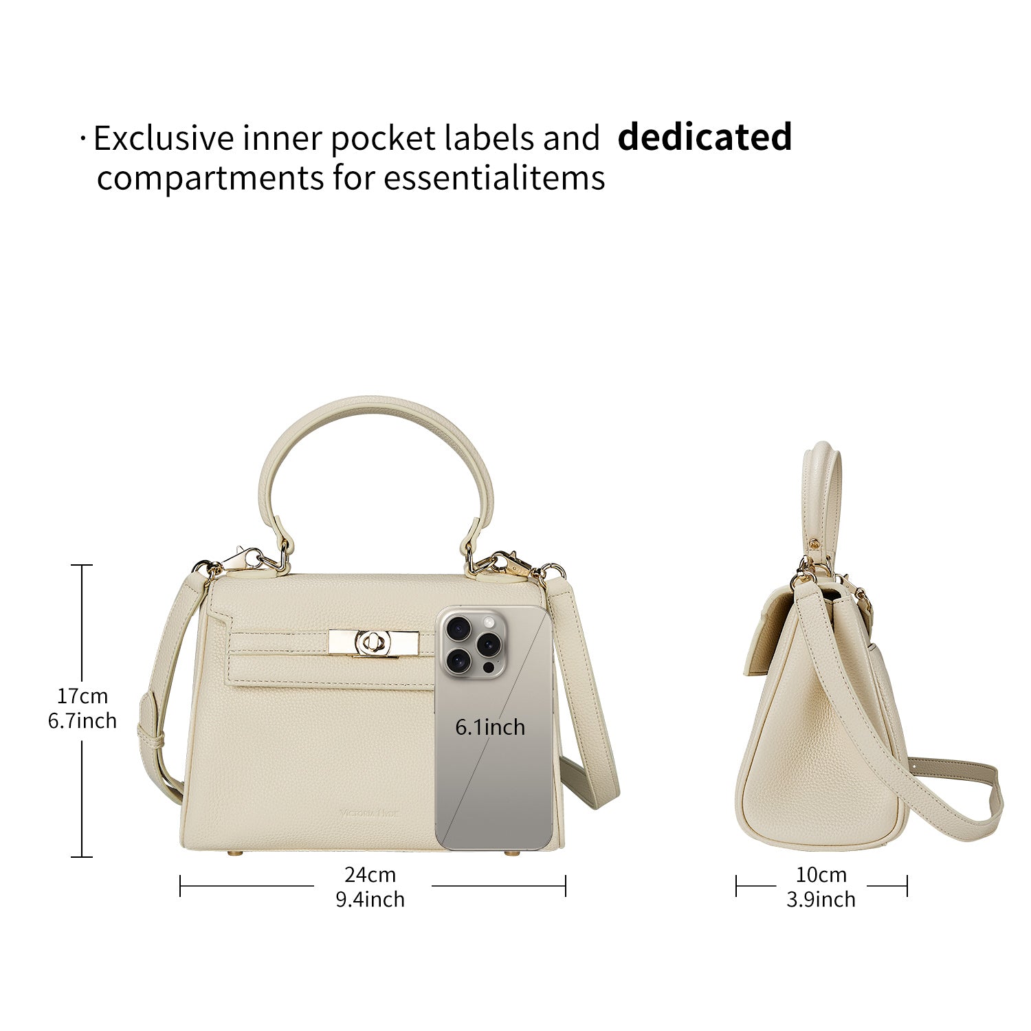 Victoria Hyde London Victoria women's handbag – stylish work bag in PU leather with gold hardware. Interior pockets for headphones, lipstick, pen, keys, sunglasses. Perfect for career women.