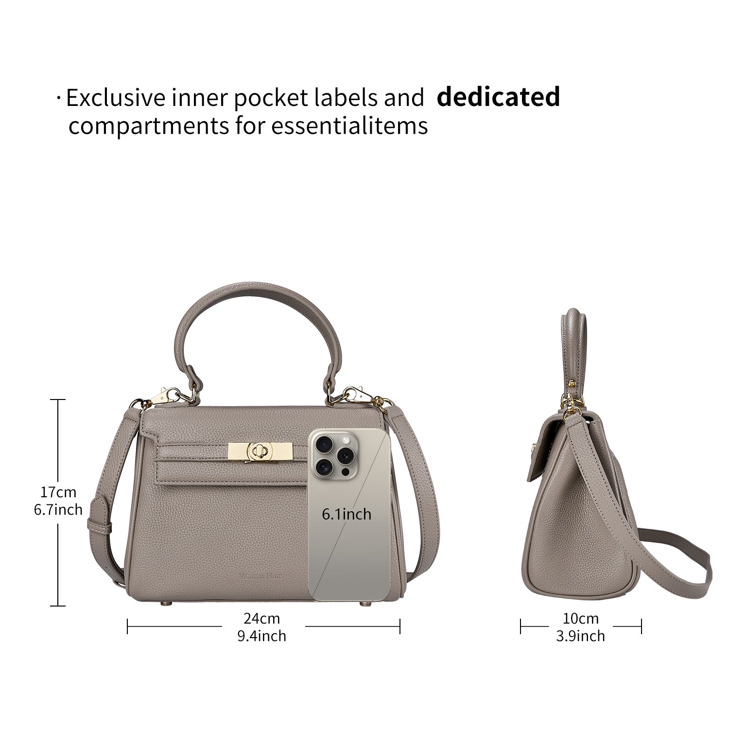 Victoria Hyde London Victoria Series women’s handbag – PU leather work bag with lychee grain, gold hardware, organizer pockets, 24x17x10 cm.