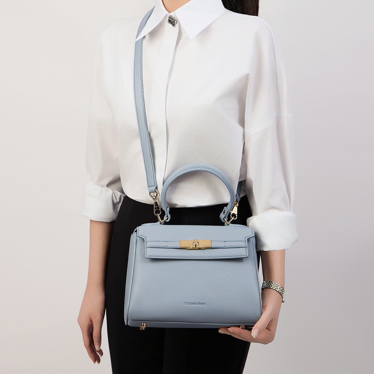 Victoria Hyde London Victoria handbag – structured PU leather work tote with gold hardware, multiple organizer pockets, 24x17x10 cm, for busy professional women.
