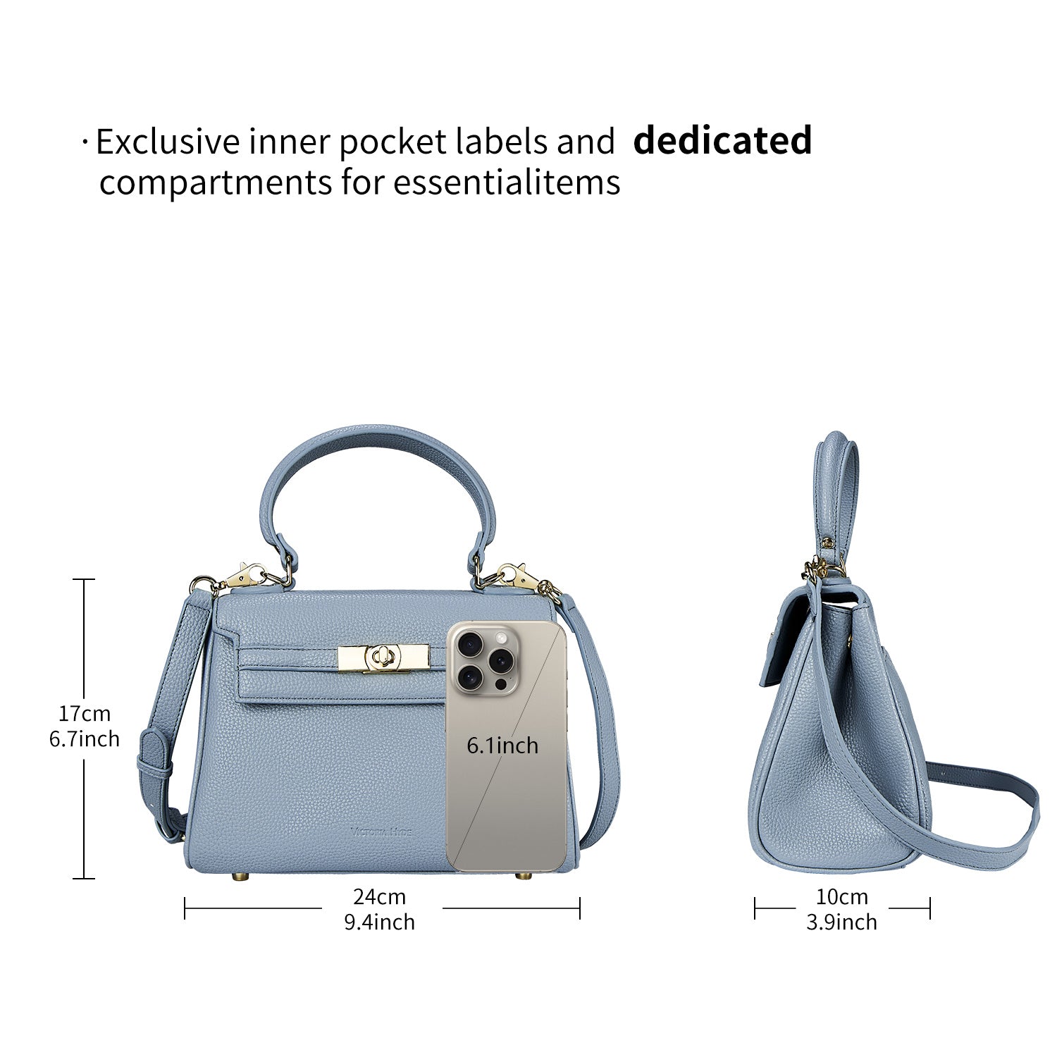 Victoria Hyde London Victoria handbag – structured PU leather work tote with gold hardware, multiple organizer pockets, 24x17x10 cm, for busy professional women.