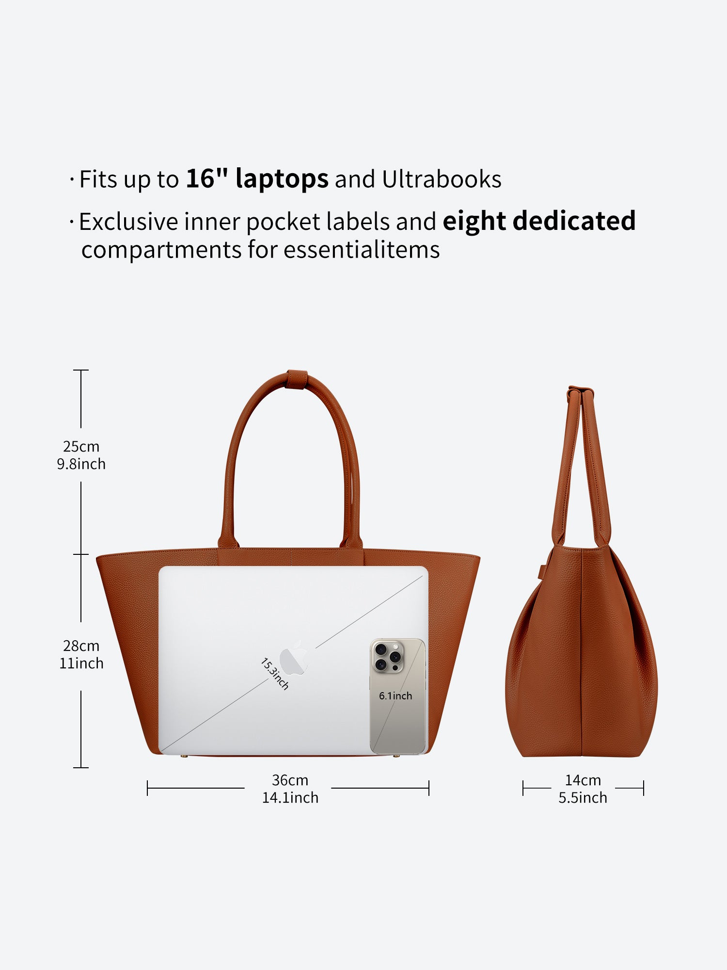 Victoria Hyde Ada laptop handbag in brown, vegan leather business tote with 16-inch laptop compartment and trolley sleeve