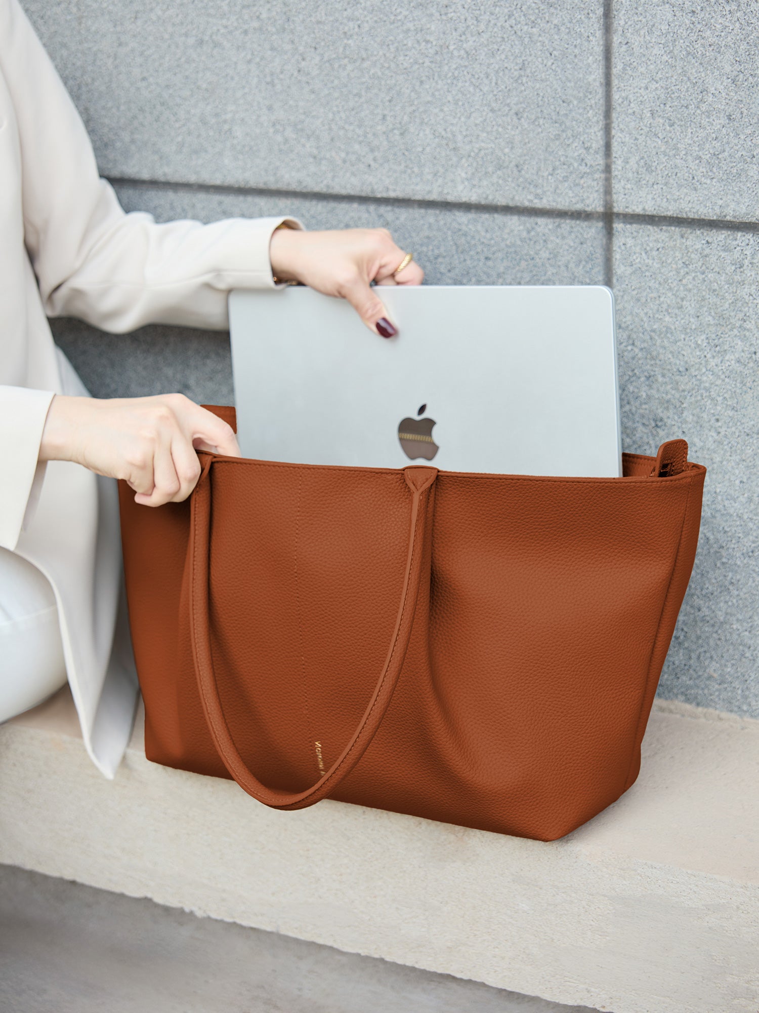 Victoria Hyde Ada laptop handbag in brown, vegan leather business tote with 16-inch laptop compartment and trolley sleeve