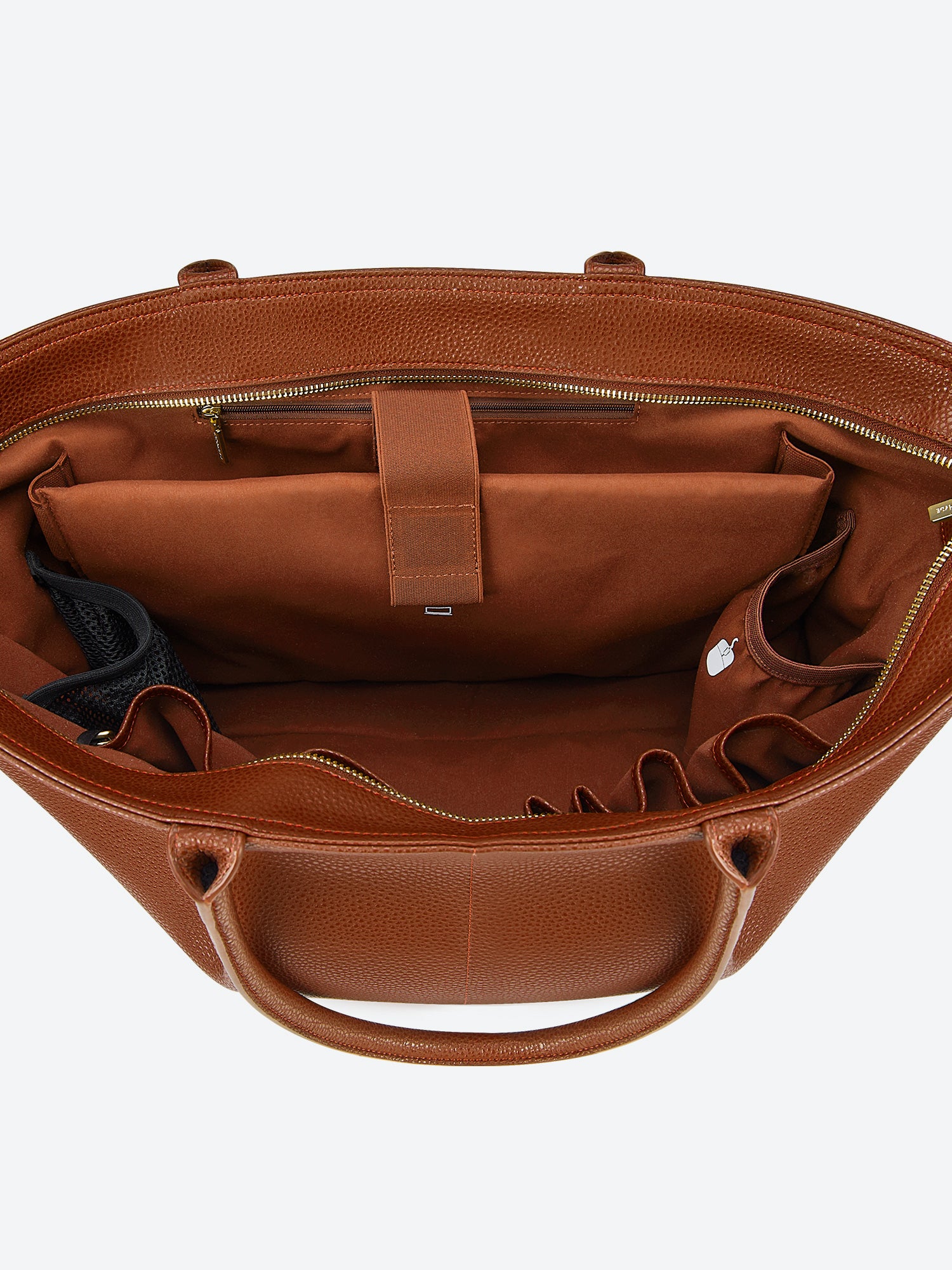 Victoria Hyde Ada laptop handbag in brown, vegan leather business tote with 16-inch laptop compartment and trolley sleeve