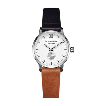 Victoria Hyde, VH7004L, London Eyes, Blau-Braunes Lederarmband, Silbernes Gehäuse, Unisex-Modell, Armbanduhr, Vorderansicht