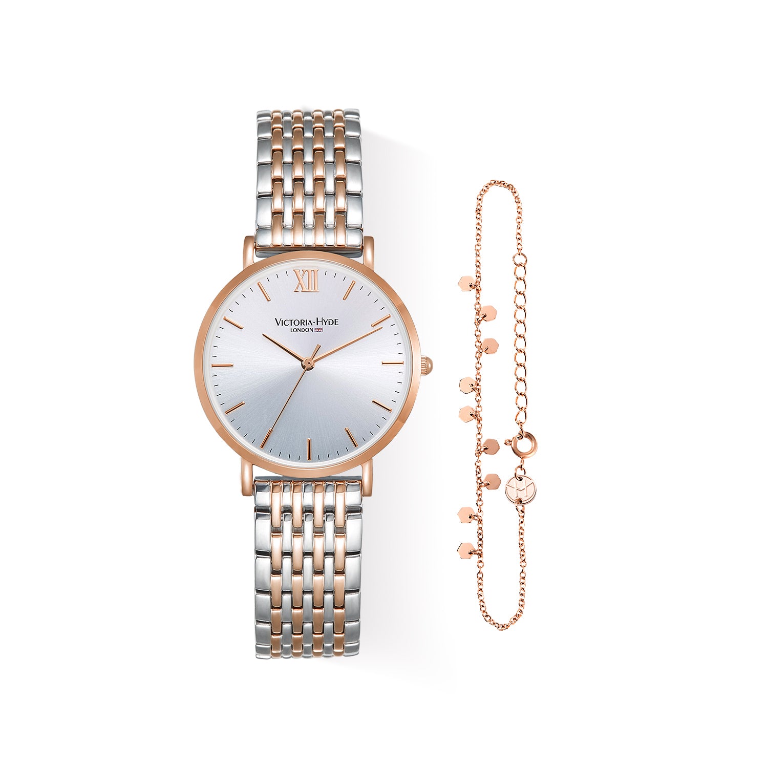 Victoria Hyde Primrose Classic Bicolor gift set – rose gold & silver watch with Roman numerals, Miyota 2035, plus matching hexagon-pendant bracelet.