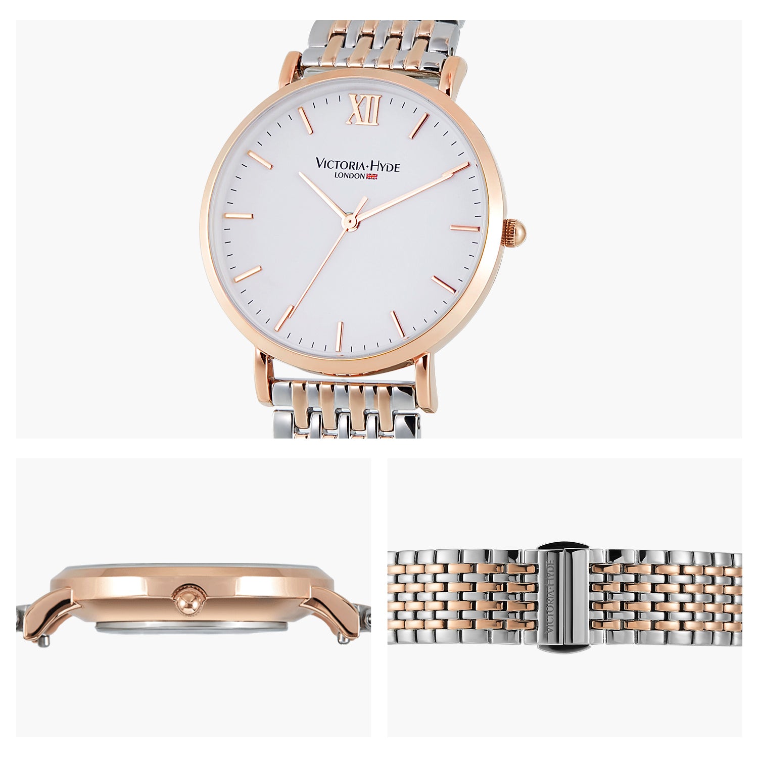 Victoria Hyde Primrose Classic Bicolor gift set – rose gold & silver watch with Roman numerals, Miyota 2035, plus matching hexagon-pendant bracelet.