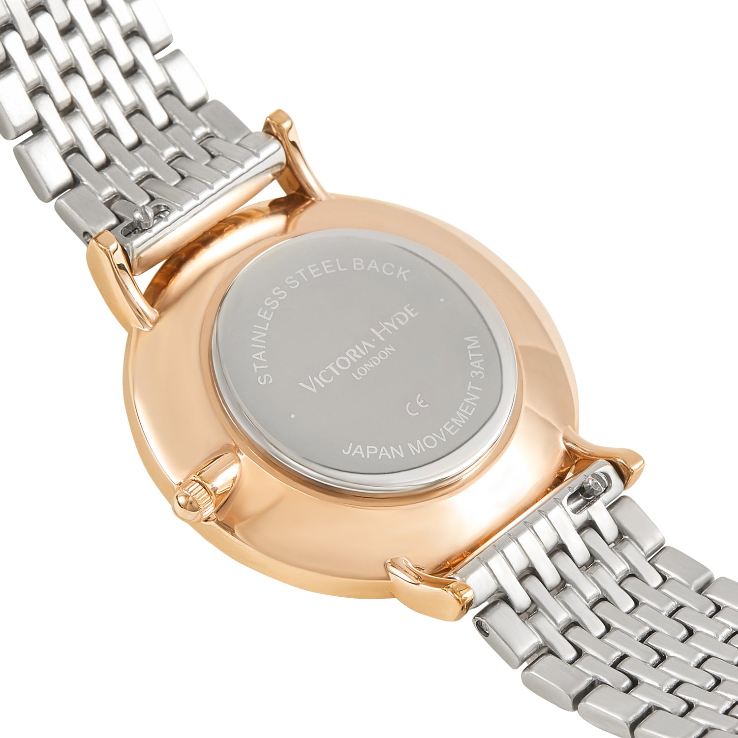 Victoria Hyde Primrose Classic Bicolor gift set – rose gold & silver watch with Roman numerals, Miyota 2035, plus matching hexagon-pendant bracelet.