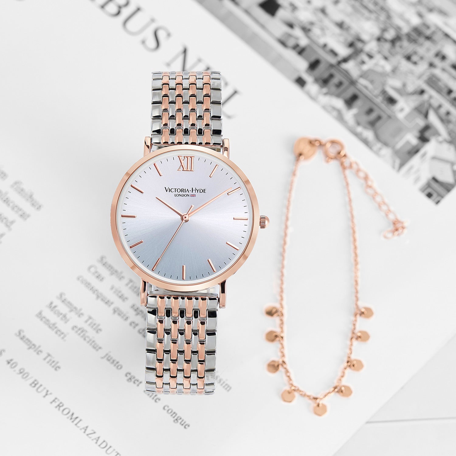 Victoria Hyde Primrose Classic Bicolor gift set – rose gold & silver watch with Roman numerals, Miyota 2035, plus matching hexagon-pendant bracelet.