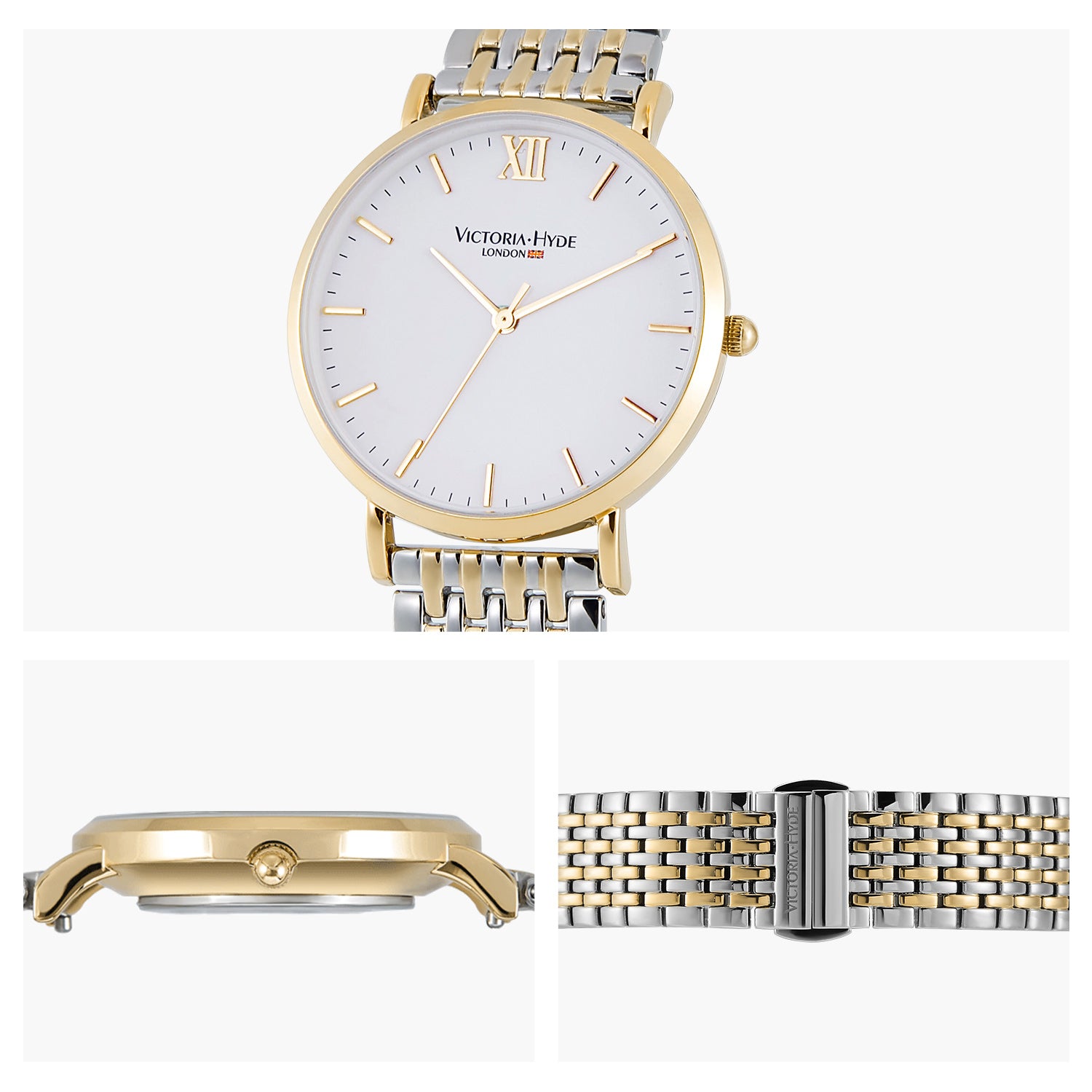 Victoria Hyde Primrose Classic bicolor gold-silver watch set with hexagon chain bracelet, Roman numerals, Miyota 2035, mineral glass, 33mm case.