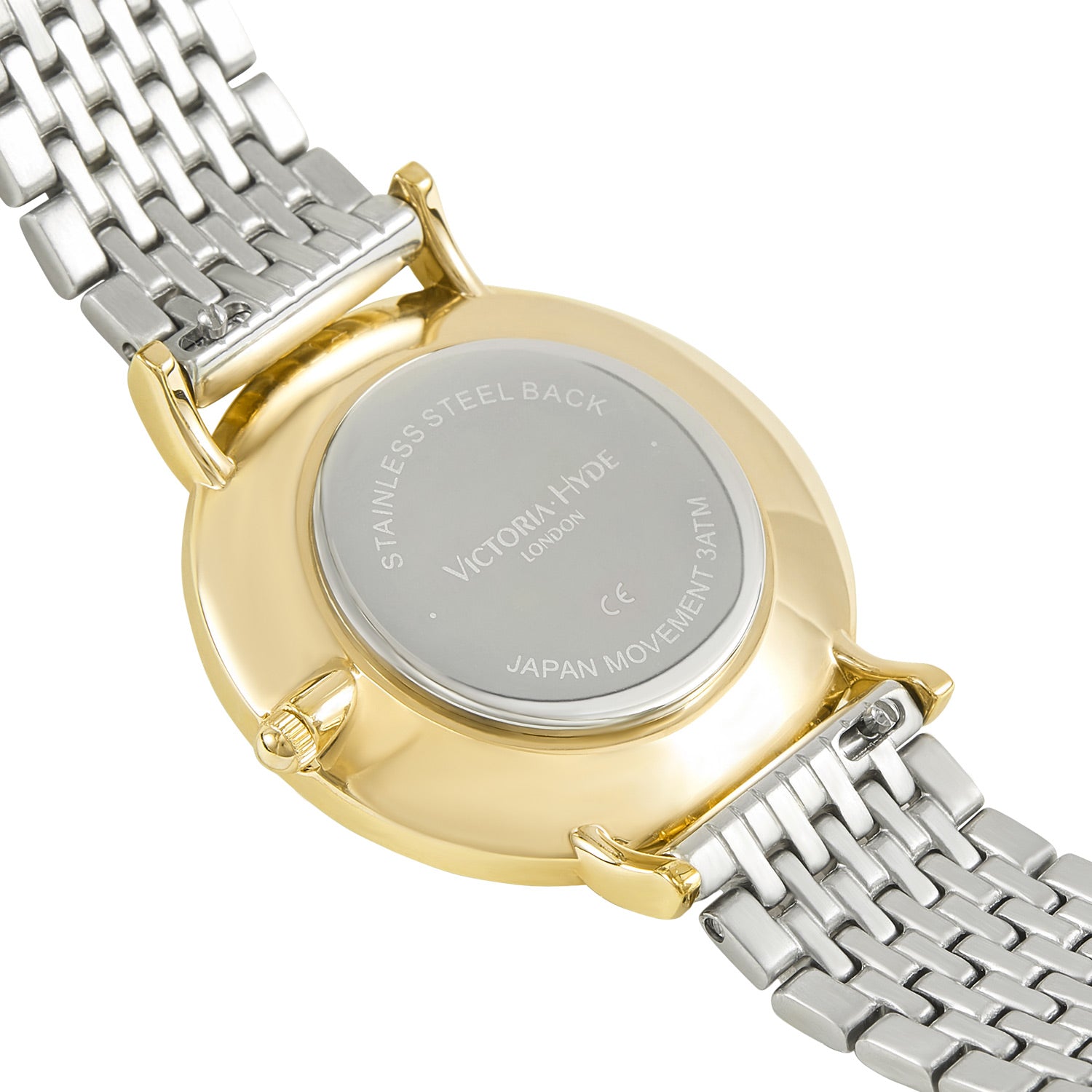 Victoria Hyde Primrose Classic bicolor gold-silver watch set with hexagon chain bracelet, Roman numerals, Miyota 2035, mineral glass, 33mm case.