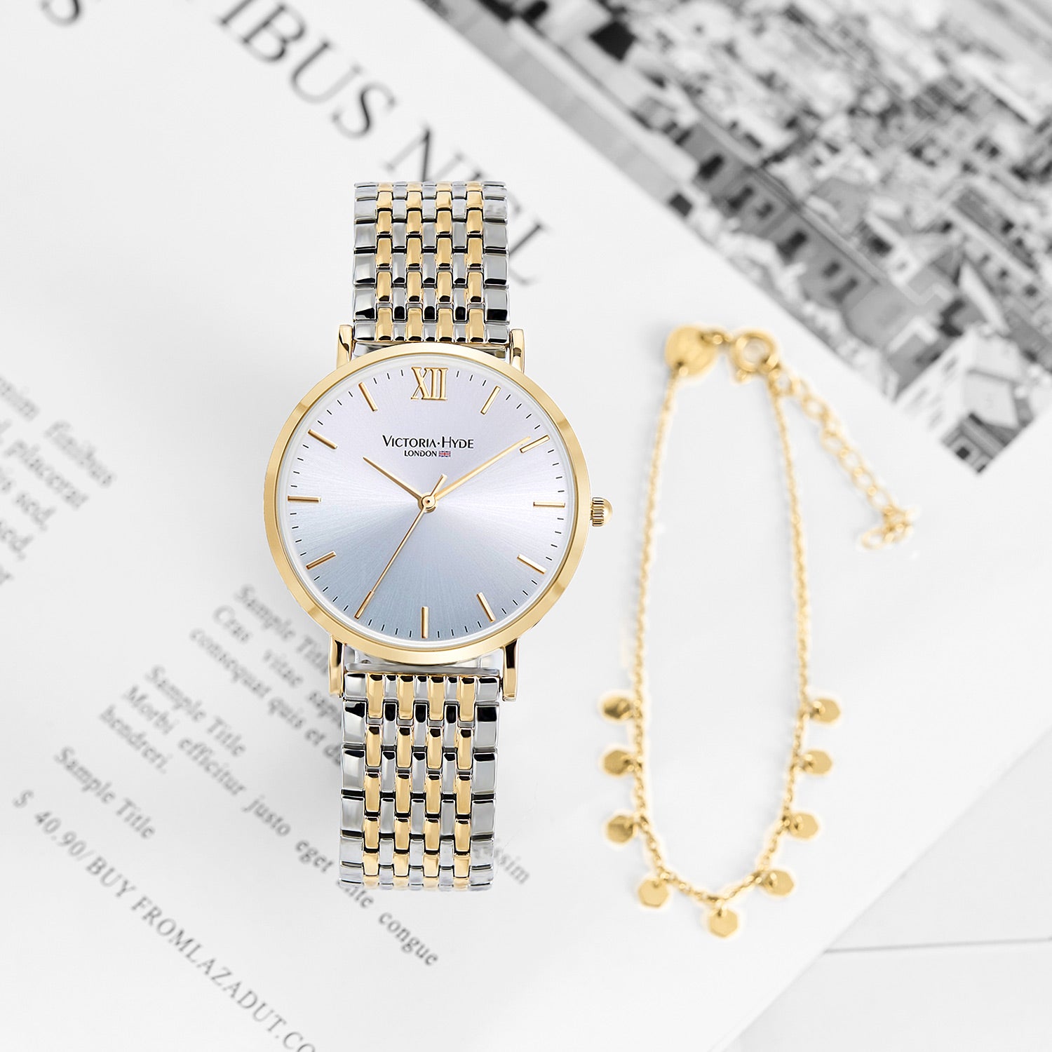 Victoria Hyde Primrose Classic bicolor gold-silver watch set with hexagon chain bracelet, Roman numerals, Miyota 2035, mineral glass, 33mm case.