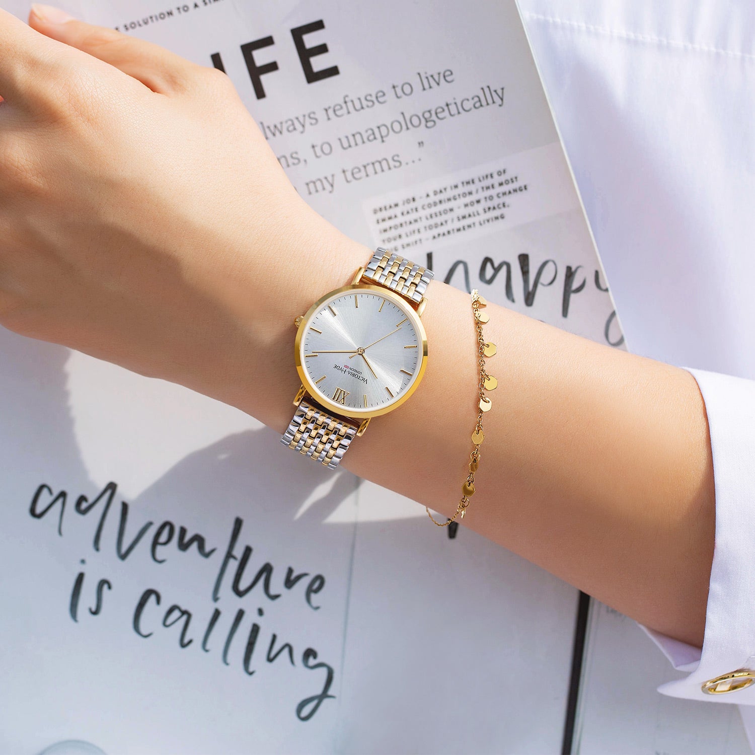 Victoria Hyde Primrose Classic bicolor gold-silver watch set with hexagon chain bracelet, Roman numerals, Miyota 2035, mineral glass, 33mm case.