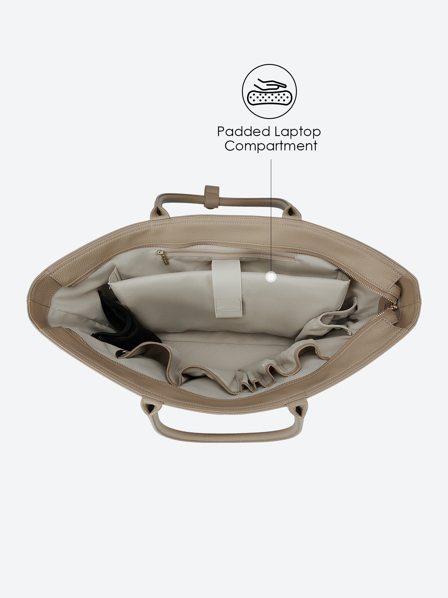 Victoria Hyde Ada beige laptop bag top-down open view, showing spacious interior for 16-inch laptops and daily essentials for professional women.