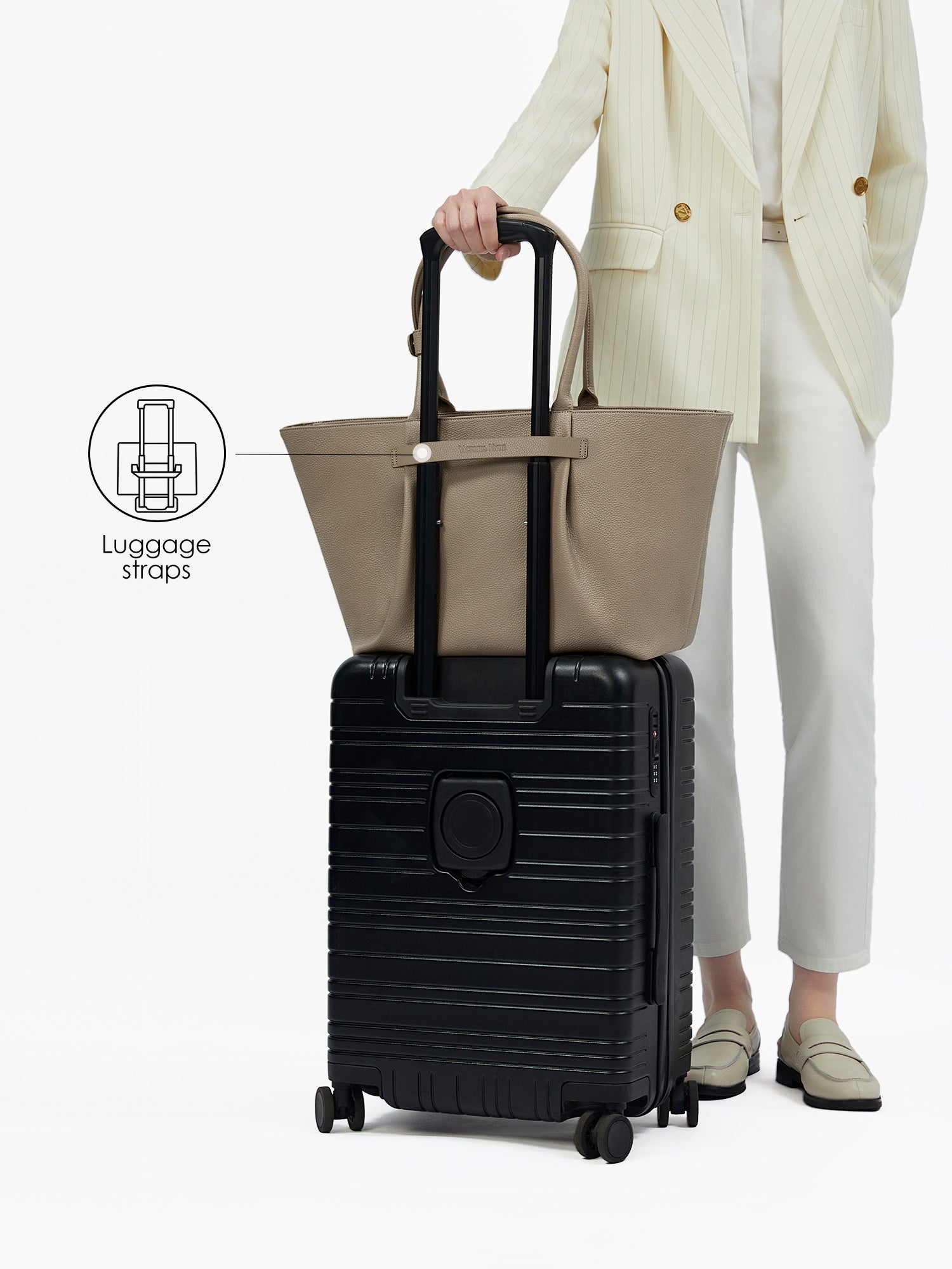 Victoria Hyde Ada Beige laptop bag with luggage strap, easily attaches to trolley handles for convenient travel, stylish business bag for commuters.