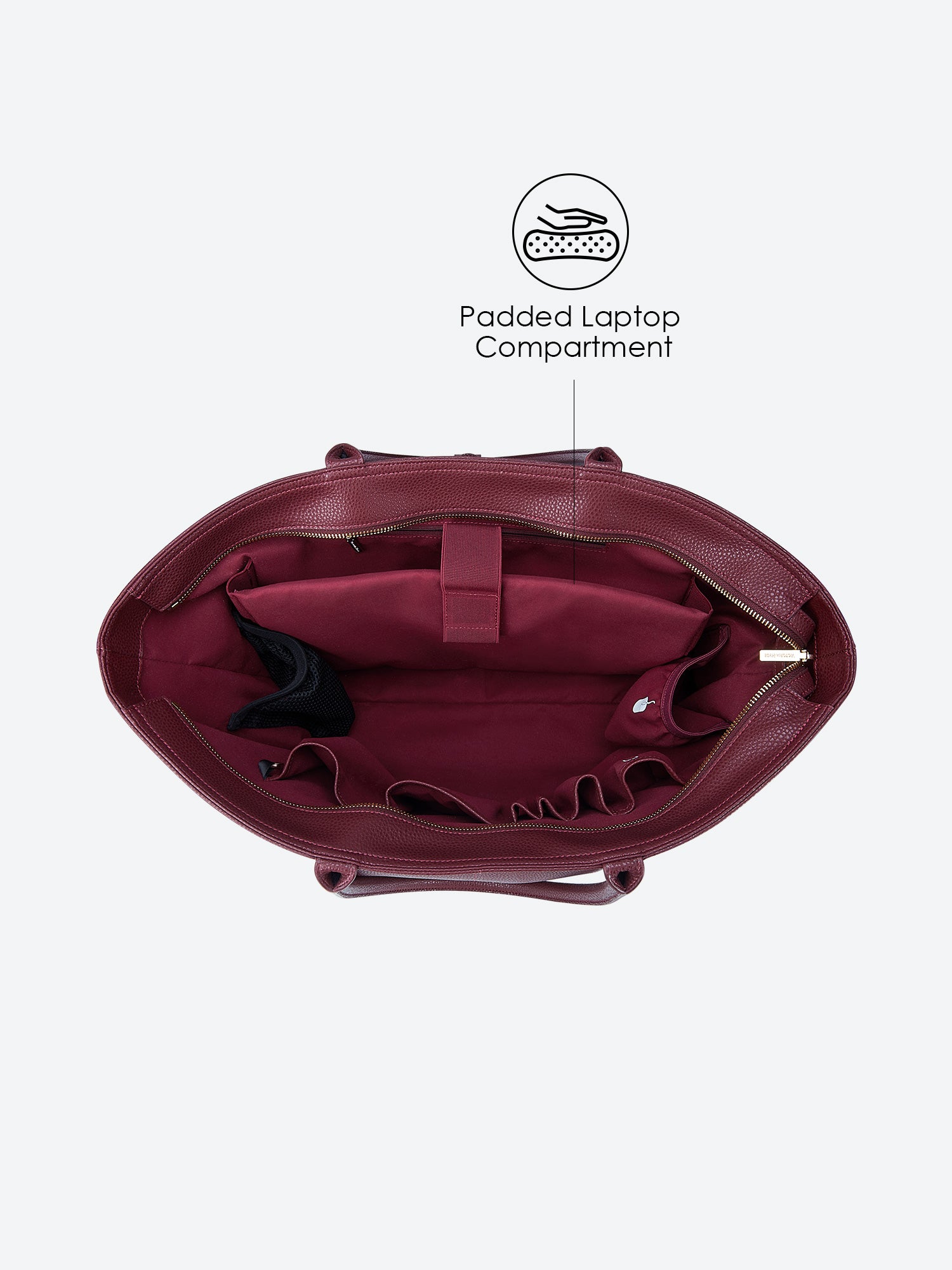 Victoria Hyde Ada red laptop bag top-down open view, showing spacious interior for 16-inch laptops and daily essentials for professional women.
