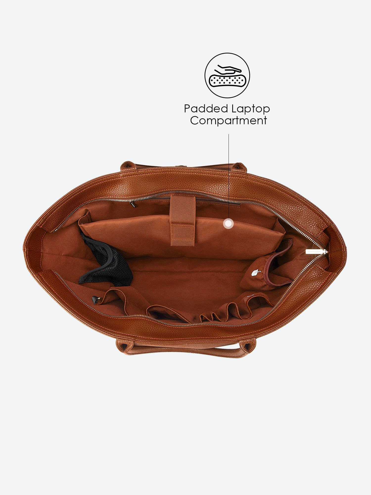 Victoria Hyde Ada brown laptop bag top-down open view, showing spacious interior for 16-inch laptops and daily essentials for professional women.