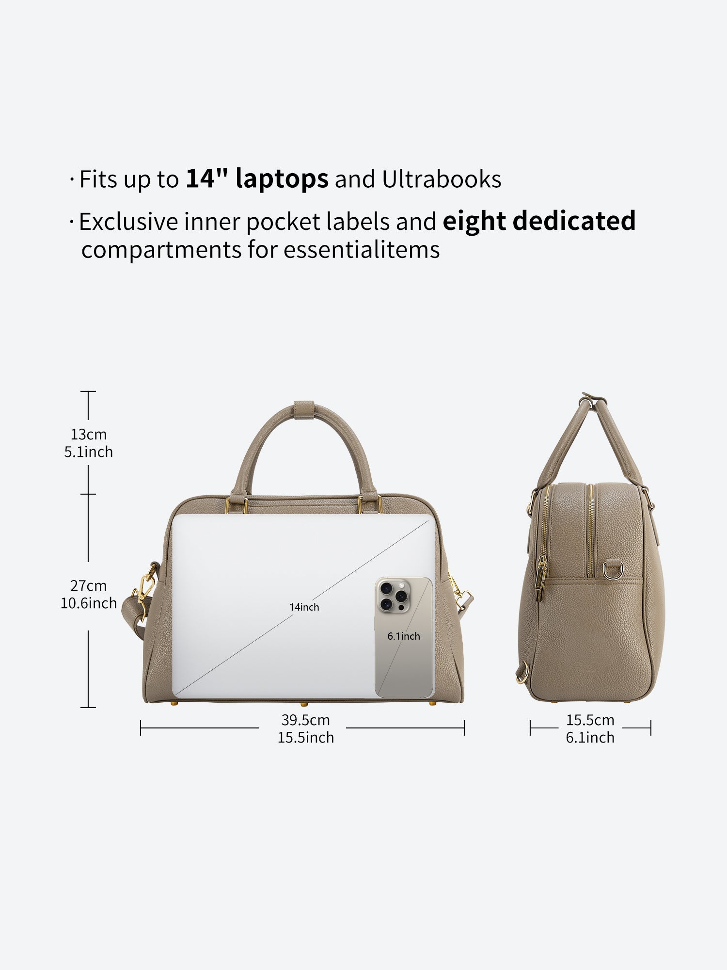 Victoria Hyde Amal beige laptop backpack size guide with dimensions, showing 14-inch laptop compatibility and storage capacity for office essentials.