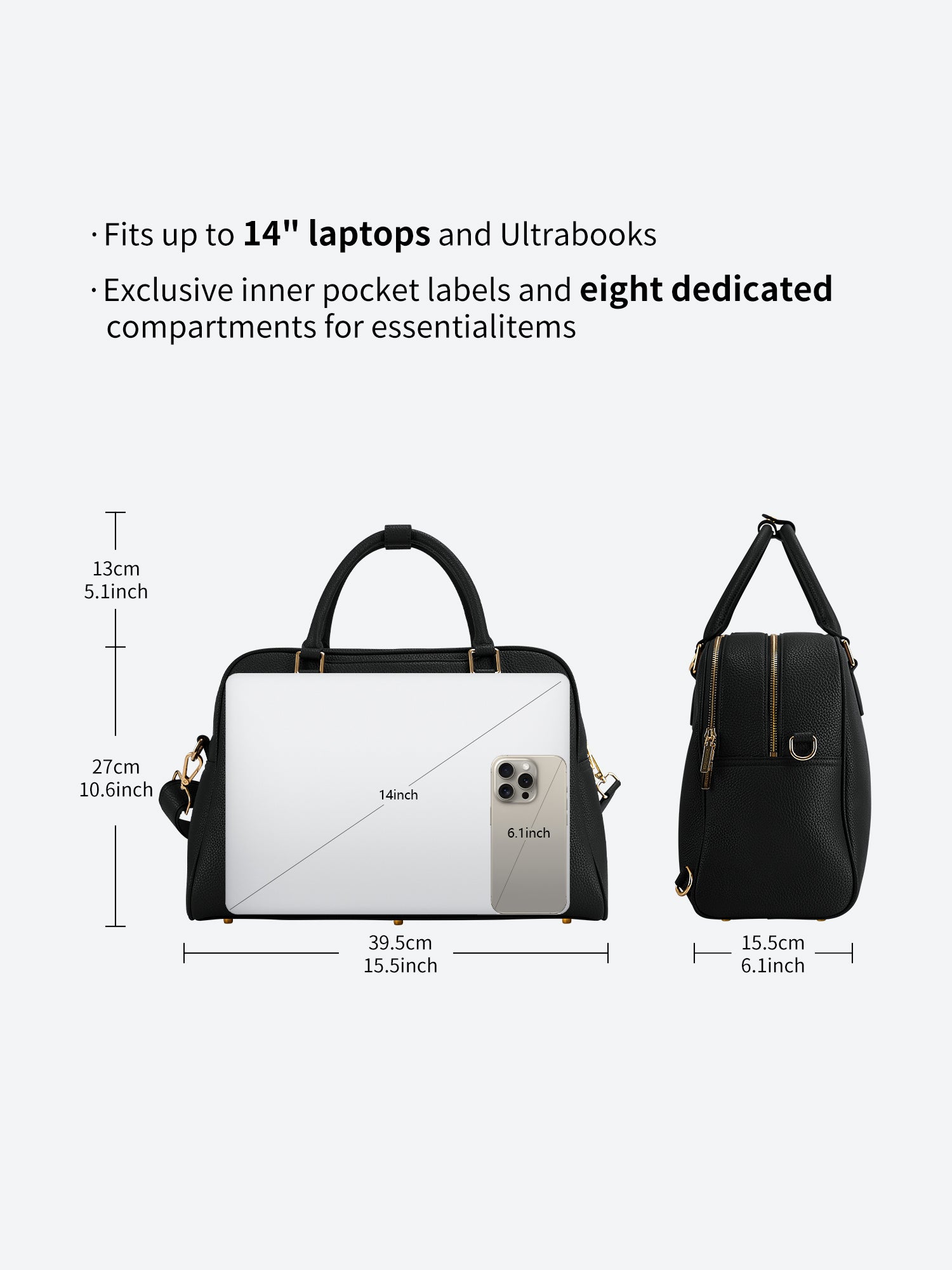 Victoria Hyde Amal black laptop backpack size guide with dimensions, showing 14-inch laptop compatibility and storage capacity for office essentials.