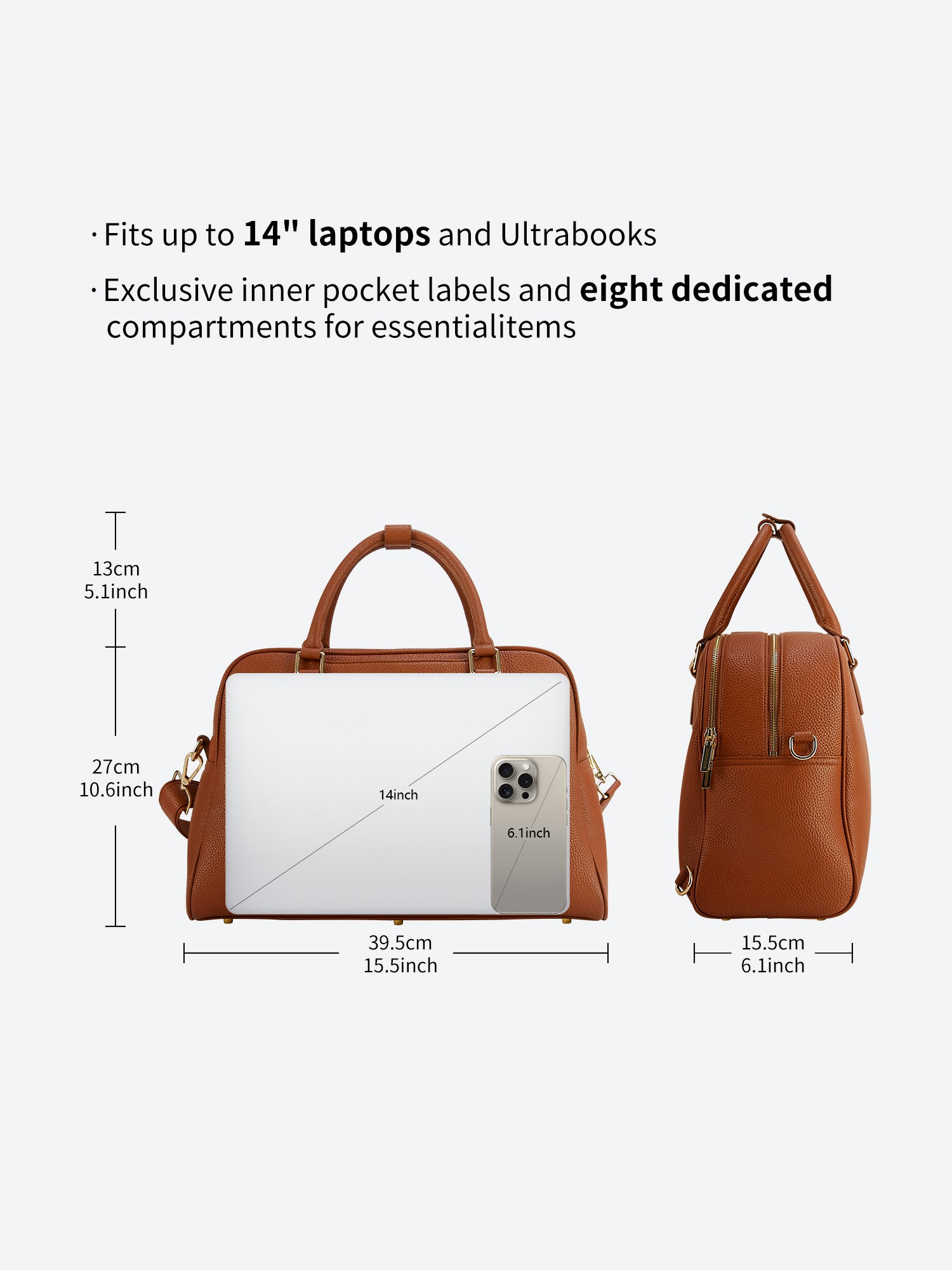 Victoria Hyde Amal brown laptop backpack size guide with dimensions, showing 14-inch laptop compatibility and storage capacity for office essentials.