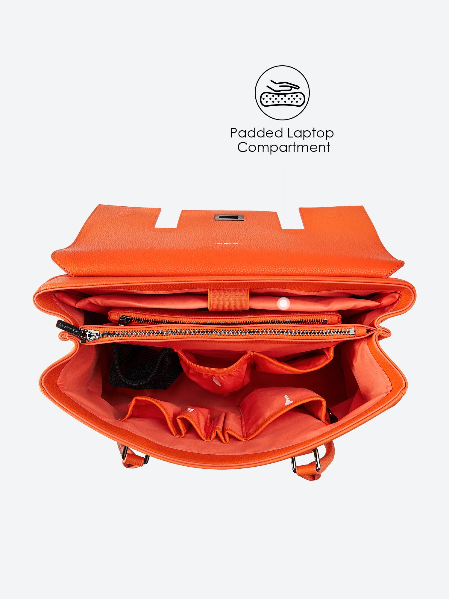 Victoria Hyde Jolene orange laptop bag top-down view, showcasing spacious main compartment and interior design for 15-inch laptops and daily essentials.