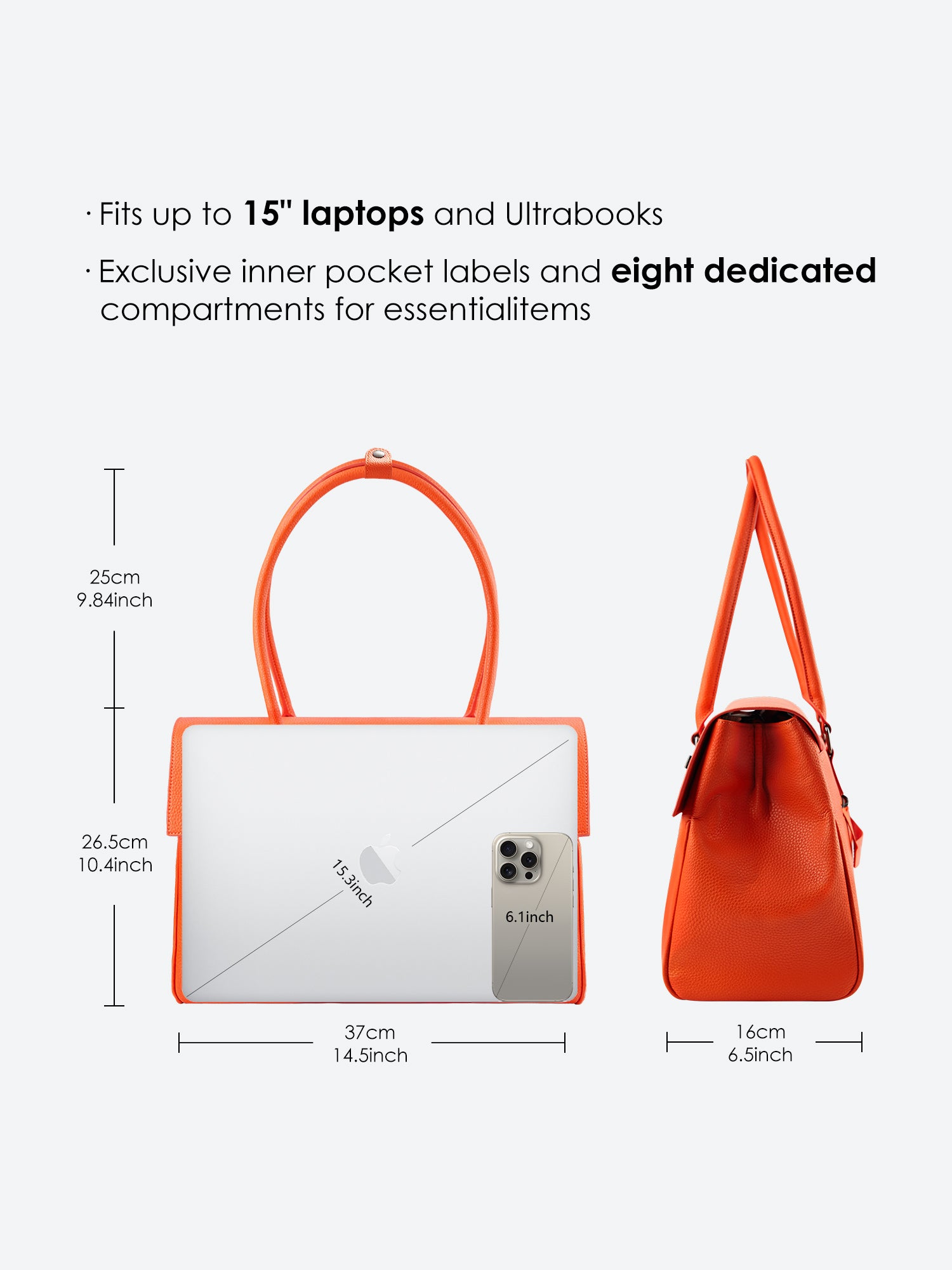 Victoria Hyde Jolene orange laptop backpack size guide with dimensions, showing 15-inch laptop compatibility and storage capacity for office essentials.