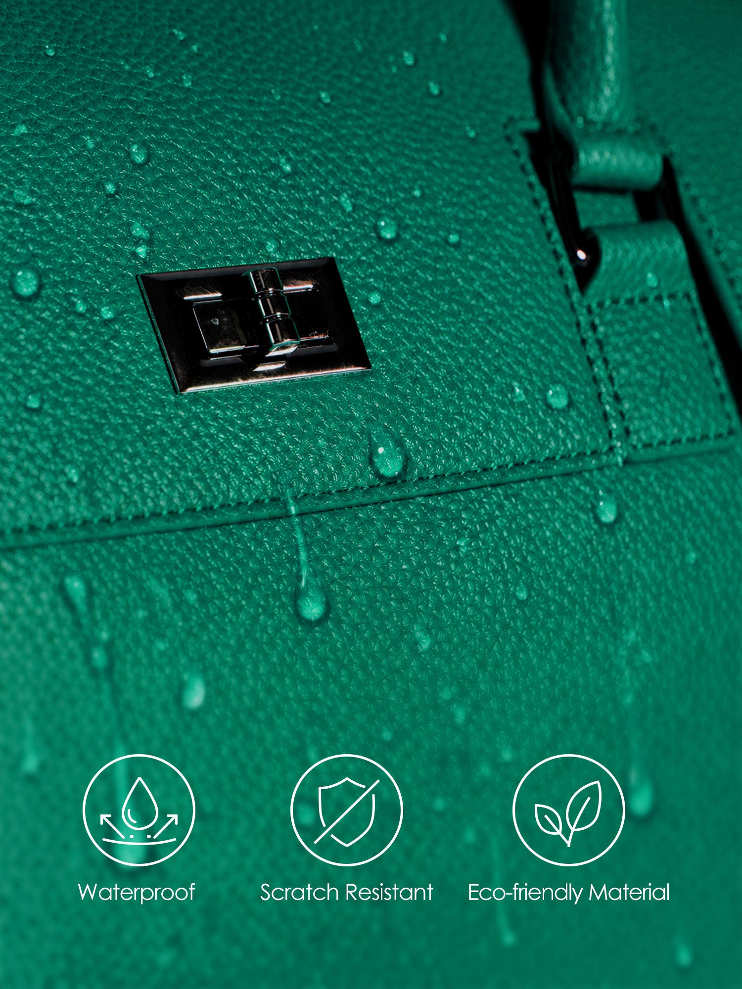 Victoria Hyde Jolene green laptop bag material benefits: waterproof, scratch-resistant, and eco-friendly vegan leather for long-lasting business use.