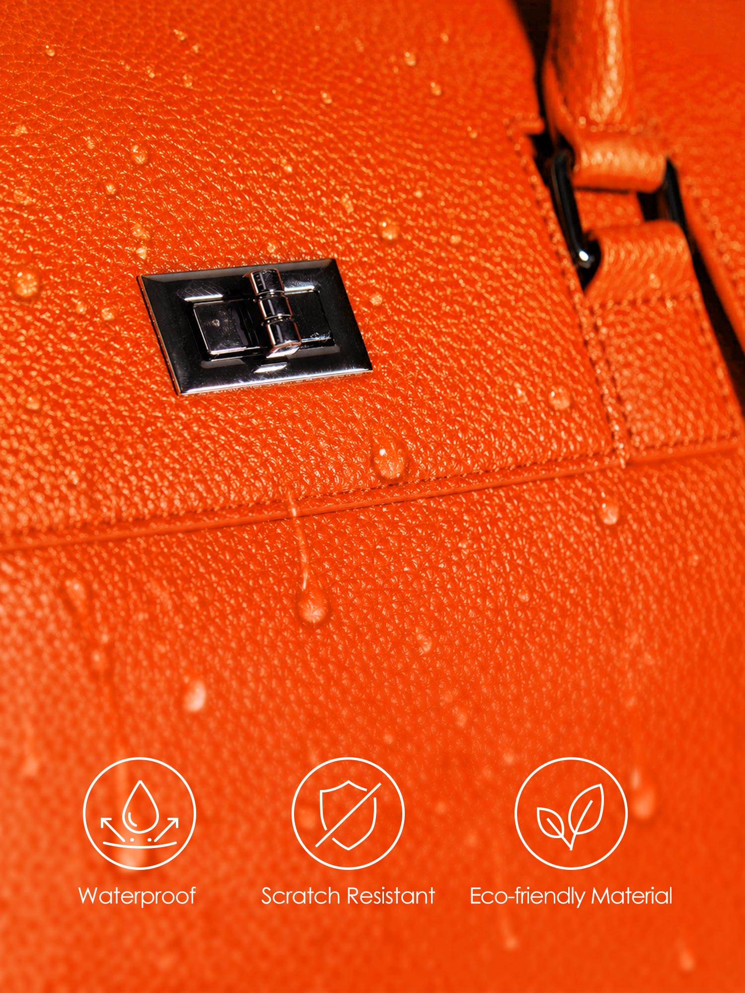 Victoria Hyde Jolene orange laptop bag material benefits: waterproof, scratch-resistant, and eco-friendly vegan leather for long-lasting business use.