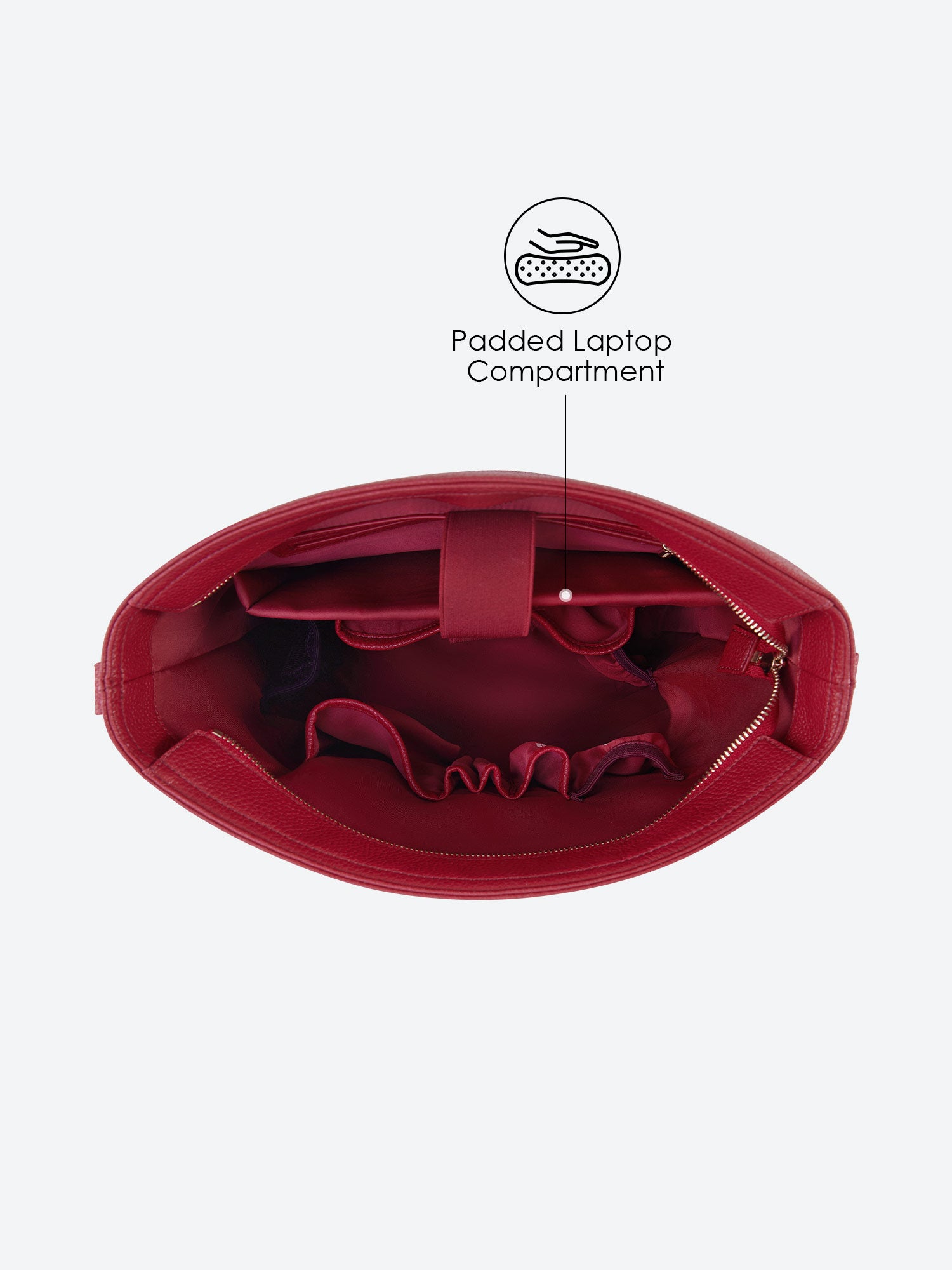 Victoria Hyde Kloey granatrot laptop bag interior showing organized pockets for smartphone, pens, and accessories, perfect for daily business essentials.