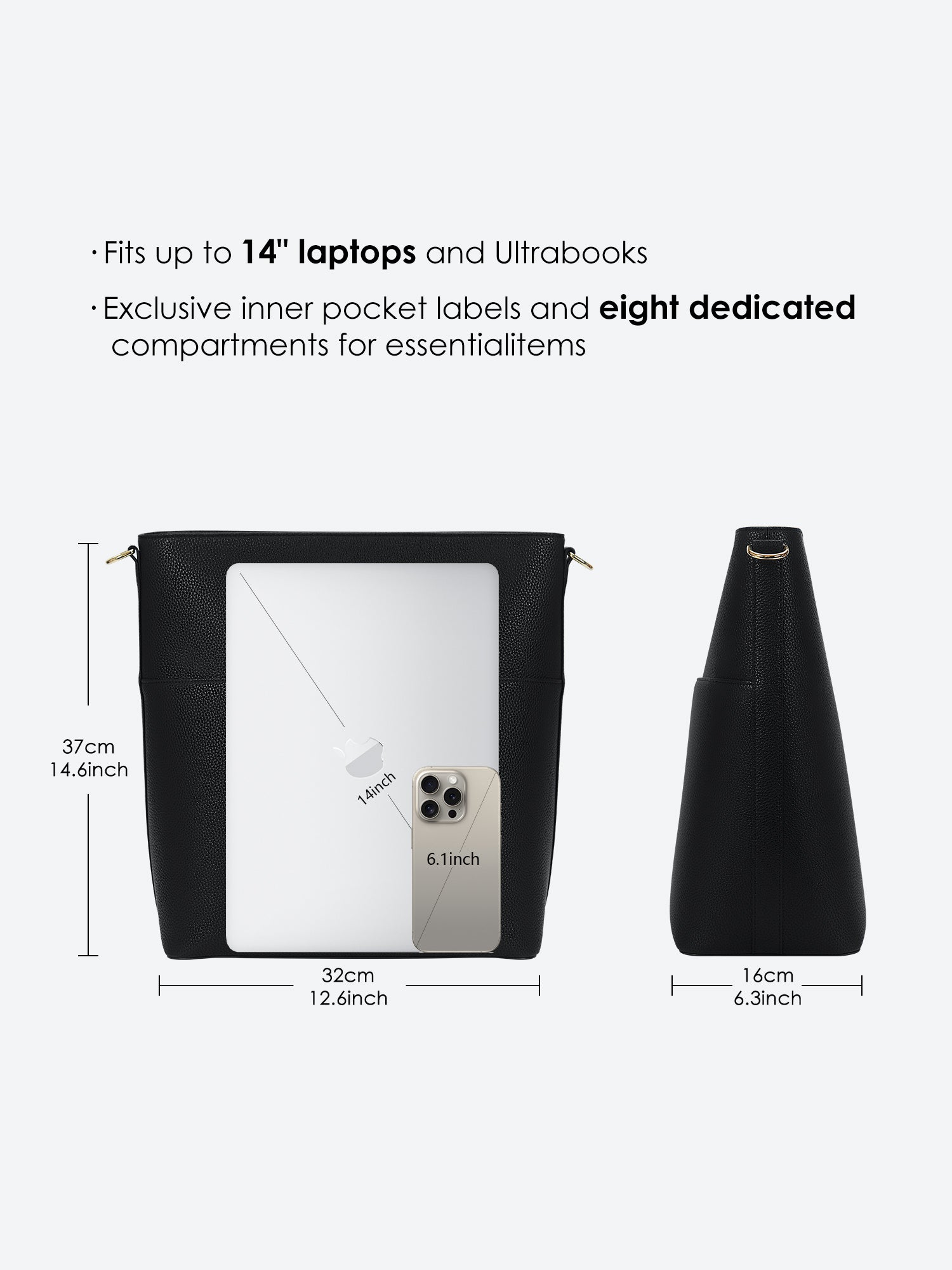 Victoria Hyde Kloey Schwarz laptop size guide with dimensions, showing 14-inch laptop compatibility and storage capacity for office essentials.