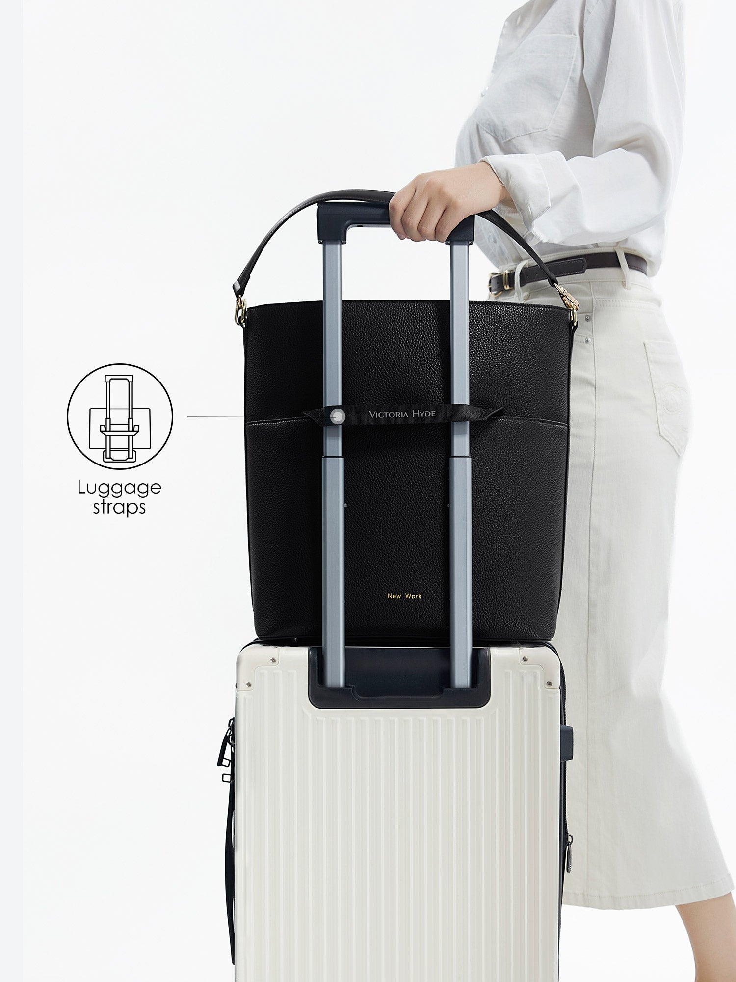 Victoria Hyde Kloey Schwarz laptop bag with luggage strap, easily attaches to trolley handles for convenient travel, stylish business bag for commuters.