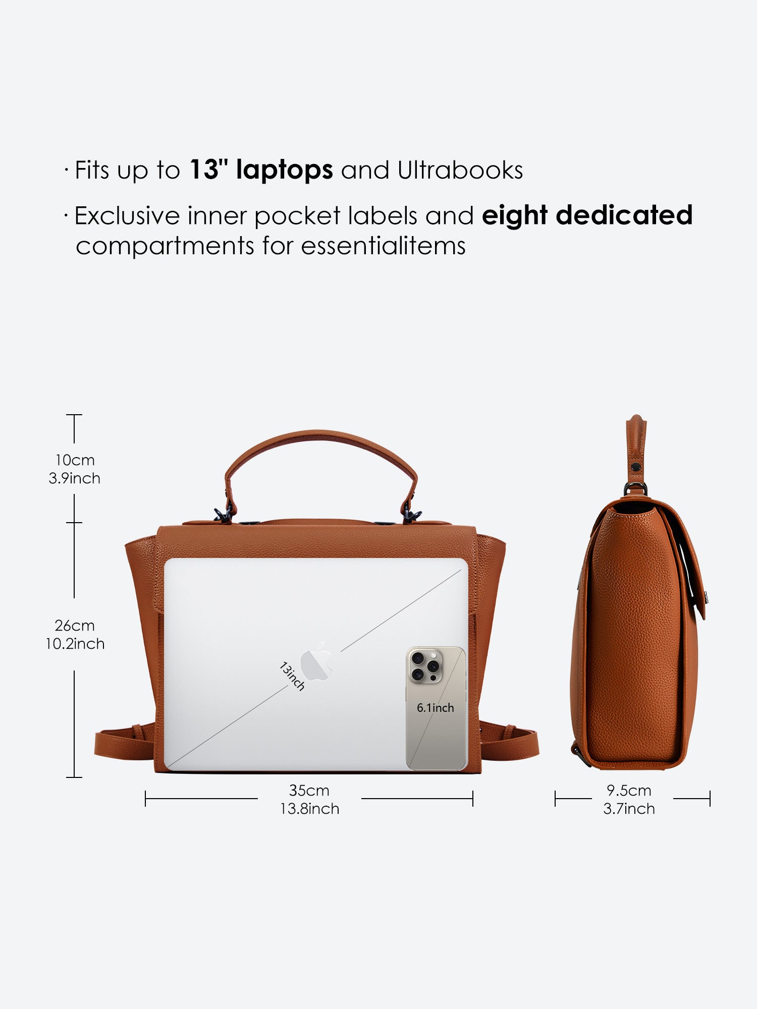 Victoria Hyde Potter braun laptop backpack size guide with dimensions, showing 13-inch laptop compatibility and storage capacity for office essentials.