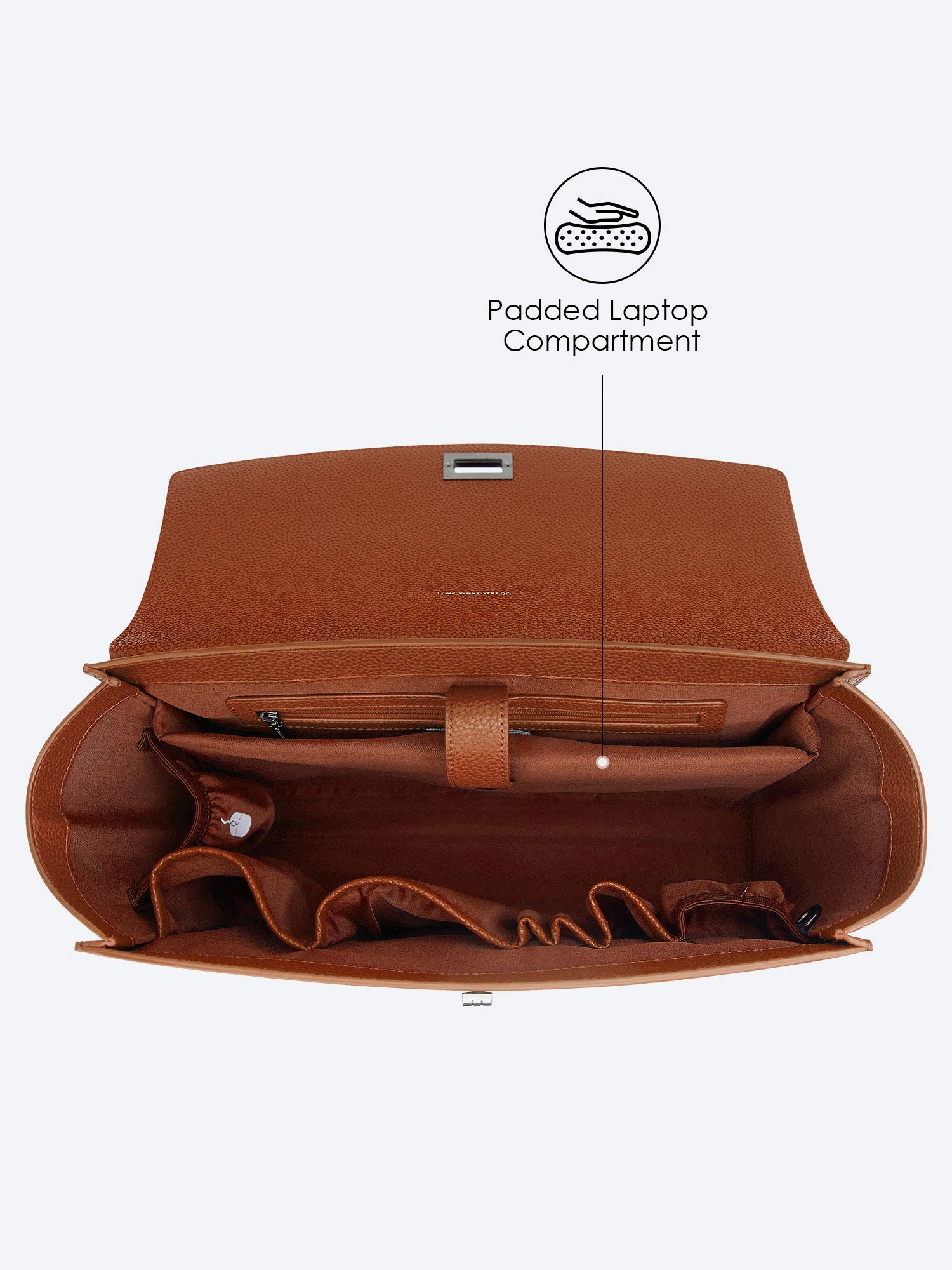 Victoria Hyde Potter braun laptop bag top-down open view, showing spacious interior for 13-inch laptops and daily essentials for professional women.