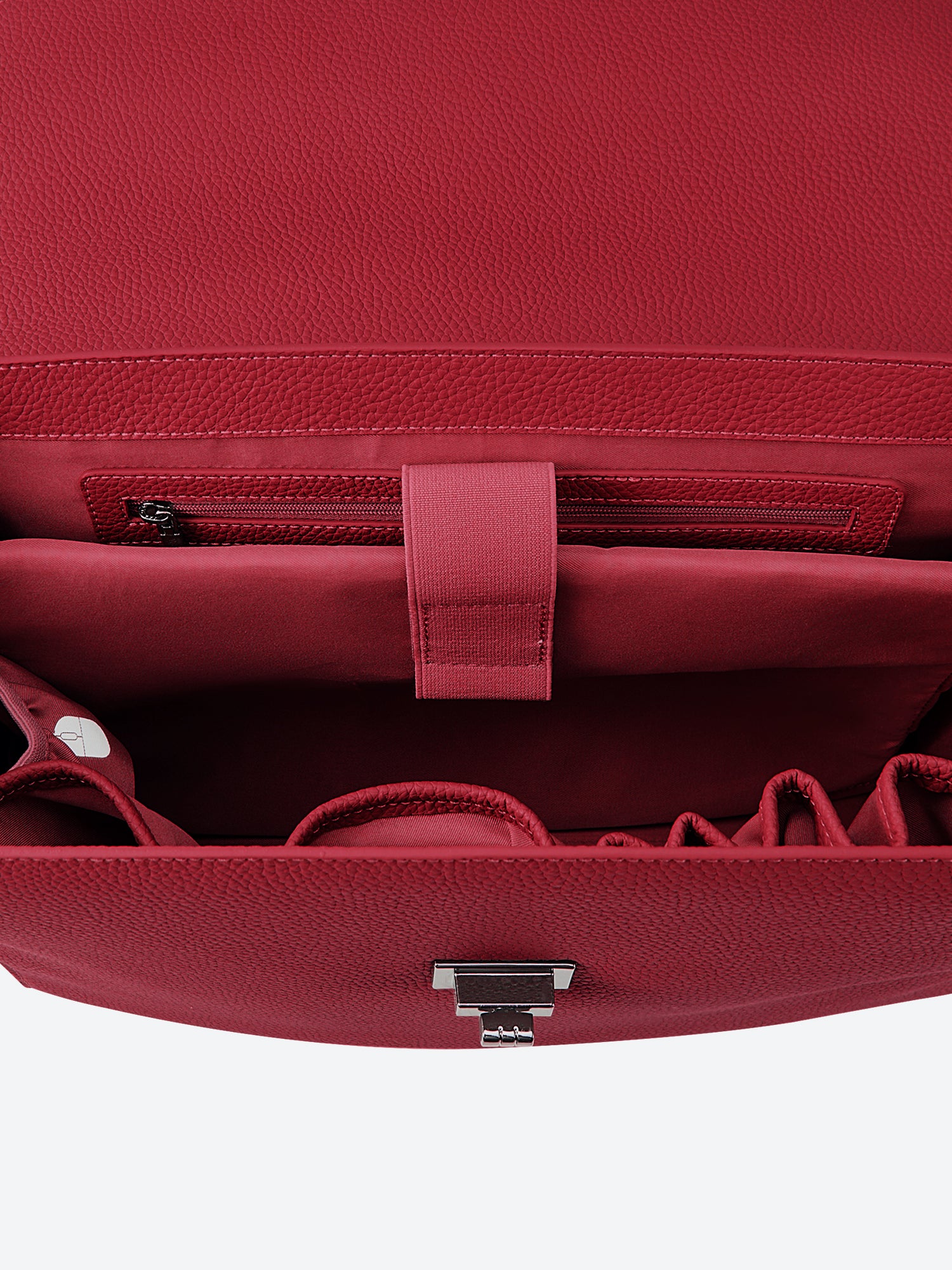 Victoria Hyde Potter red laptop bag top-down view, showcasing spacious main compartment and interior design for 13-inch laptops and daily essentials.