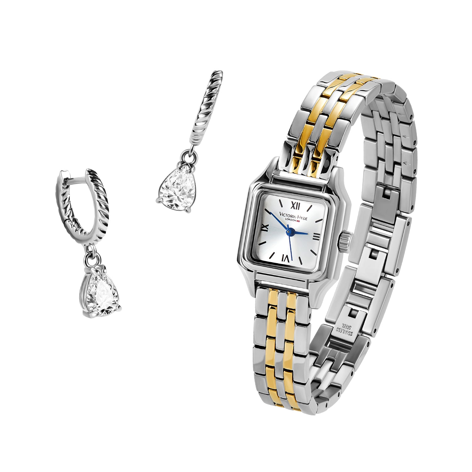 Victoria Hyde Pearl gold & silver gift set – ladies watch with sunburst dial, Roman numerals, Miyota 2035, plus matching Selena crystal earrings, stainless steel.