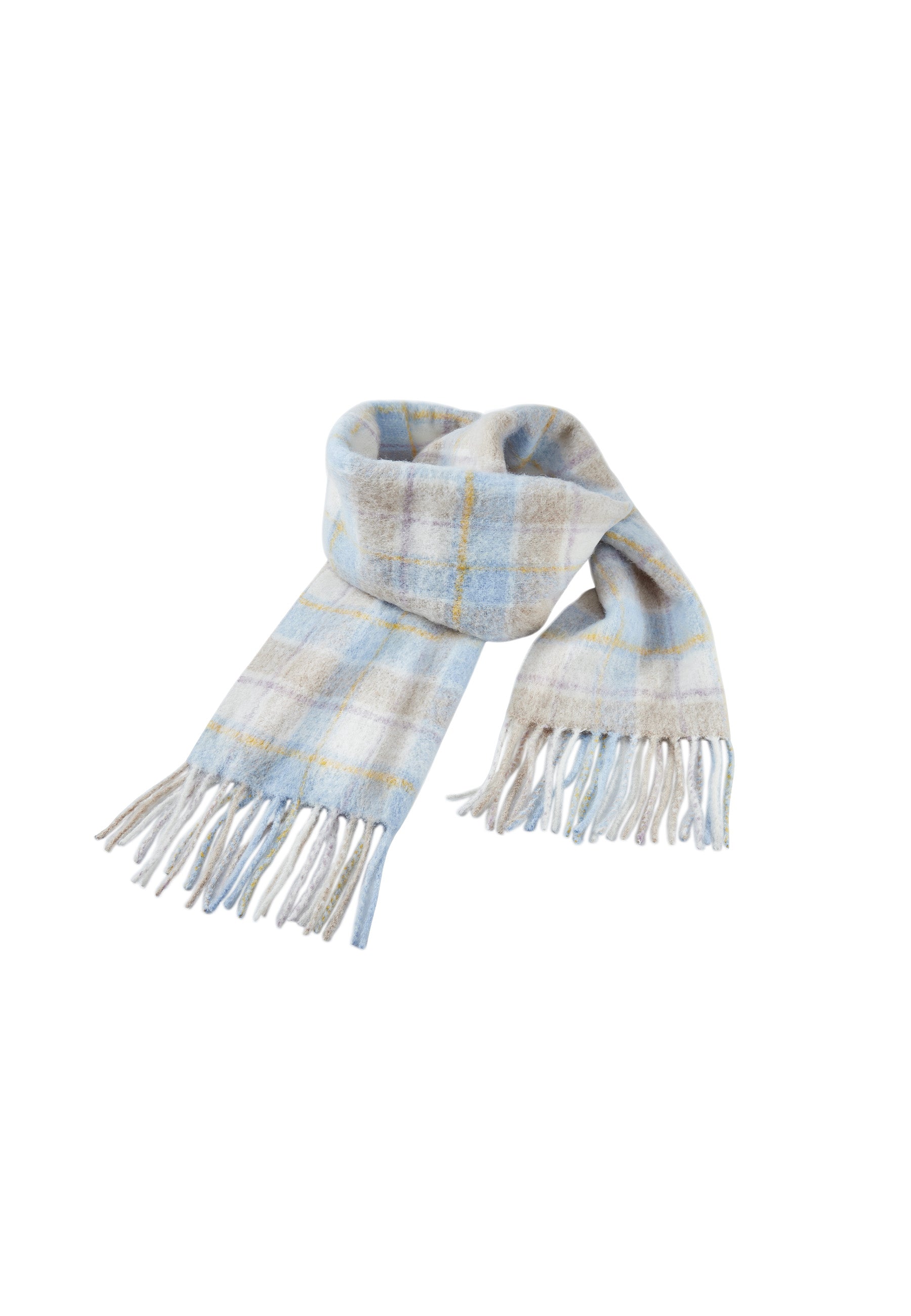 Victoria Hyde Molly multicolor scarf. Soft mohair-wool blend in blue and neutral tones. Lightweight, warm, versatile winter accessory for elegant everyday looks.