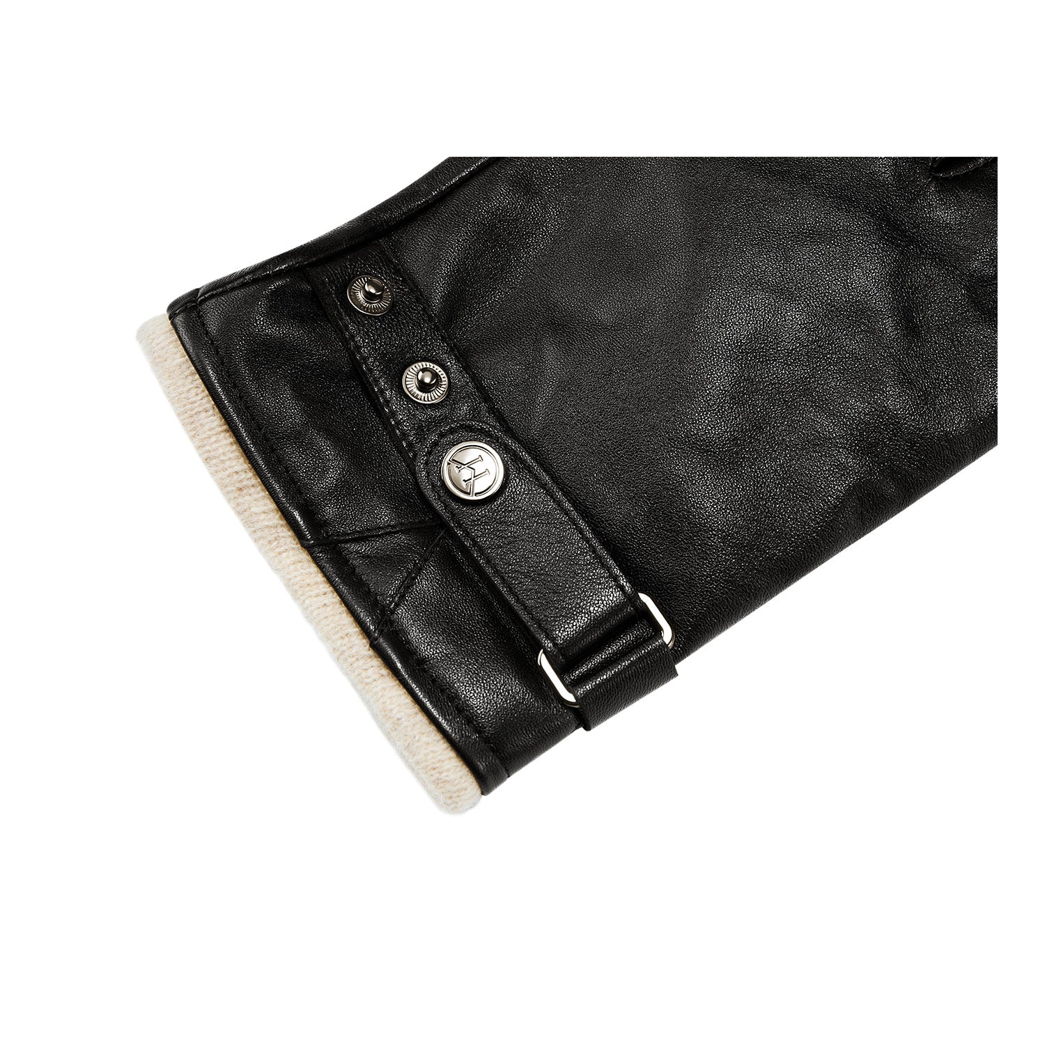 Victoria Hyde London Pedr men’s black lambskin leather gloves with warm wool knit lining, touchscreen compatible, elegant winter essential.