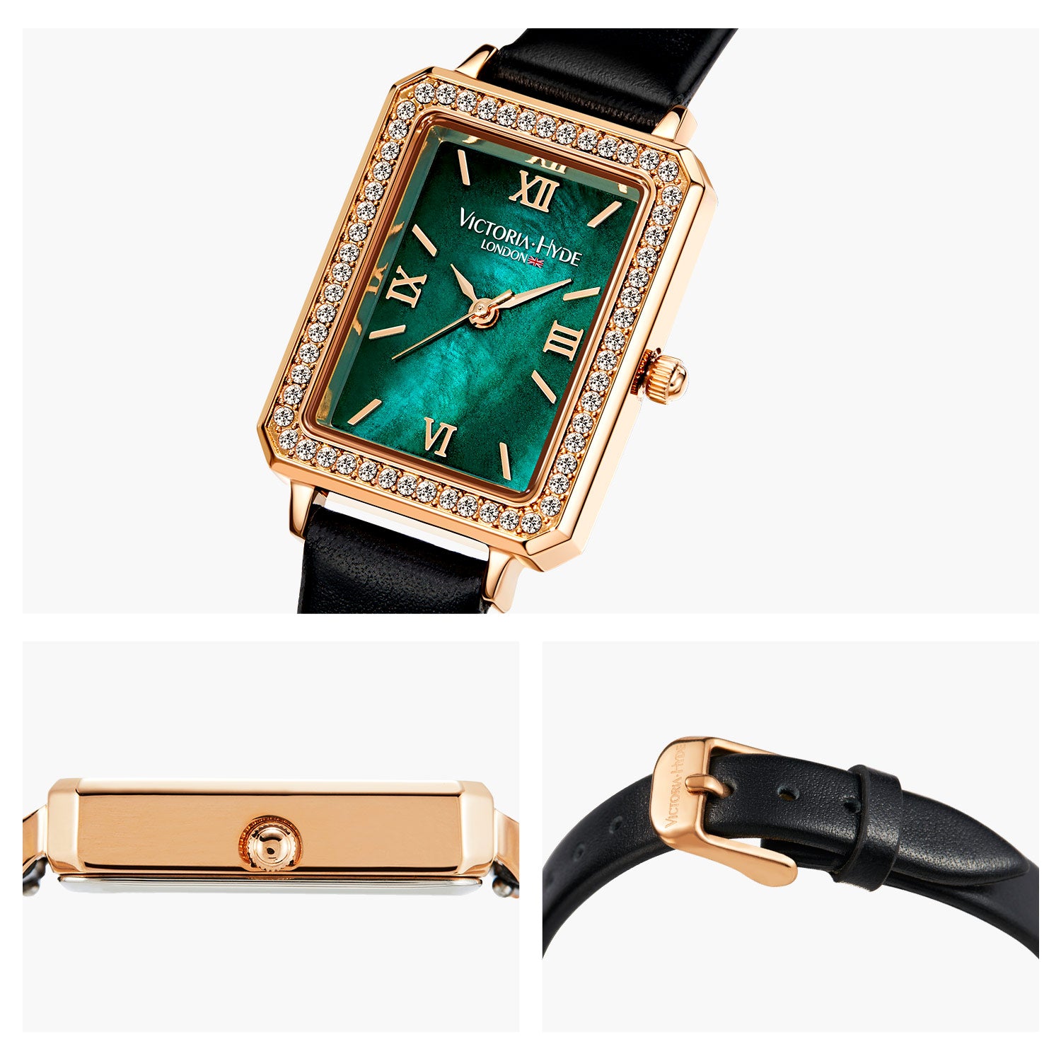 Victoria Hyde Westminster watch – genuine leather strap, Miyota 2035 quartz, mineral glass, square 22x28 mm case, 7.2 mm thick, 180 mm band.