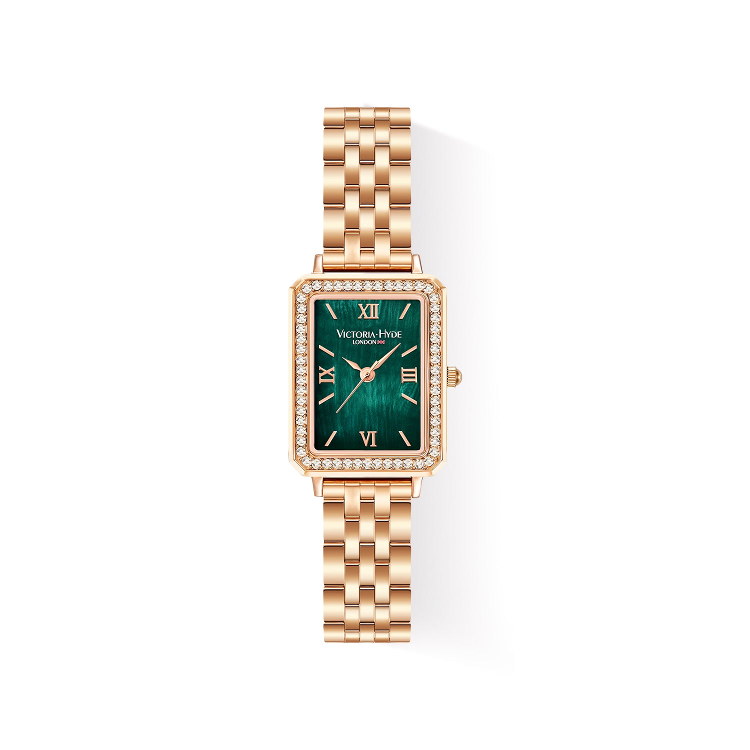 Victoria Hyde Westminster rose gold green dial ladies watch – square case, diamond details, Miyota 2035, mineral glass, stainless steel band, 22x28 mm